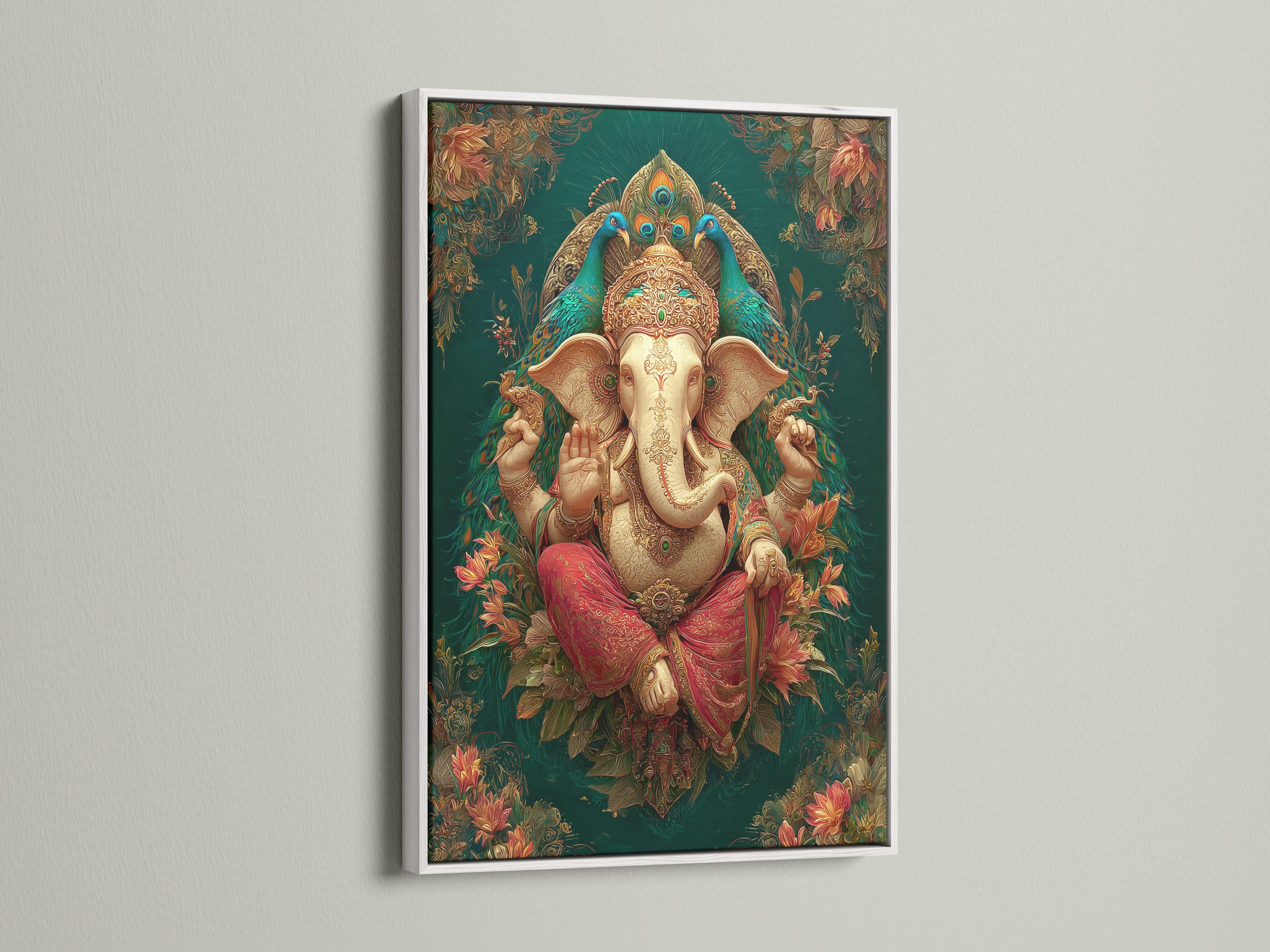 A richly coloured elephant-headed deity figure sits front-facing, surrounded by ornate floral vines on a deep green patterned background detail view