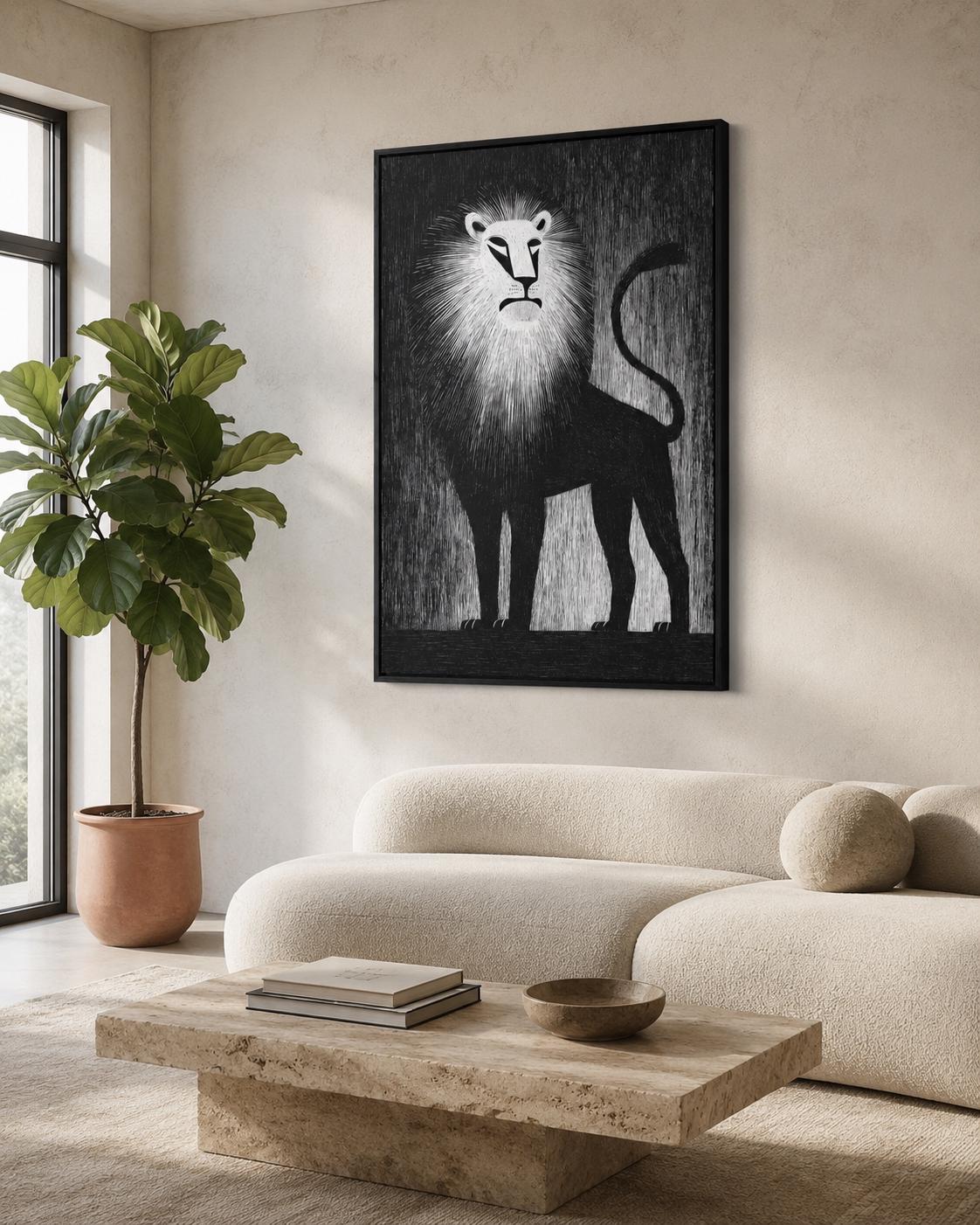 A person standing beside a framed black and white lion artwork in a modern interior