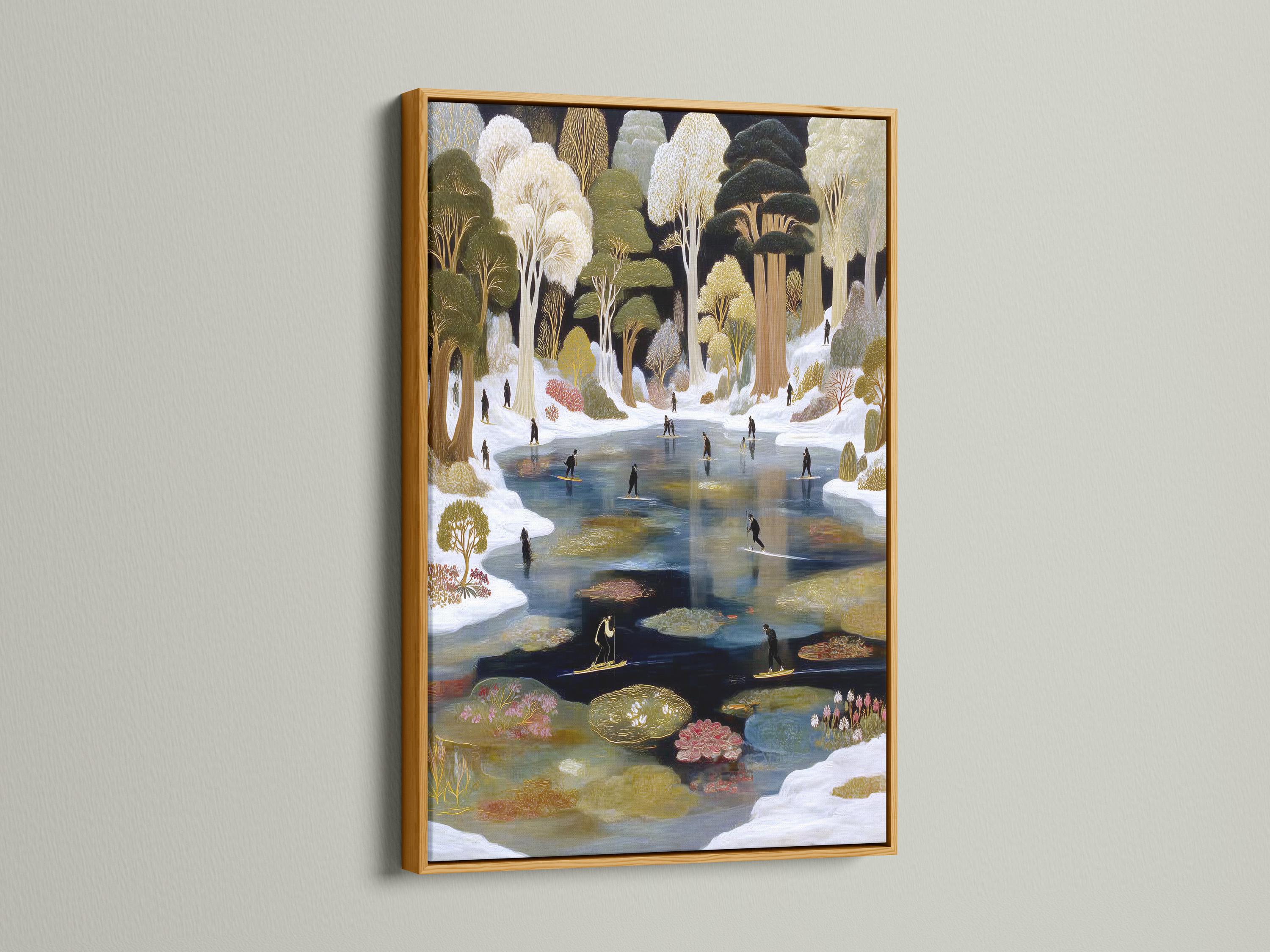 A winter pond landscape shows snow-covered trees with gold-toned accents and figures gliding on an icy waterway detail view