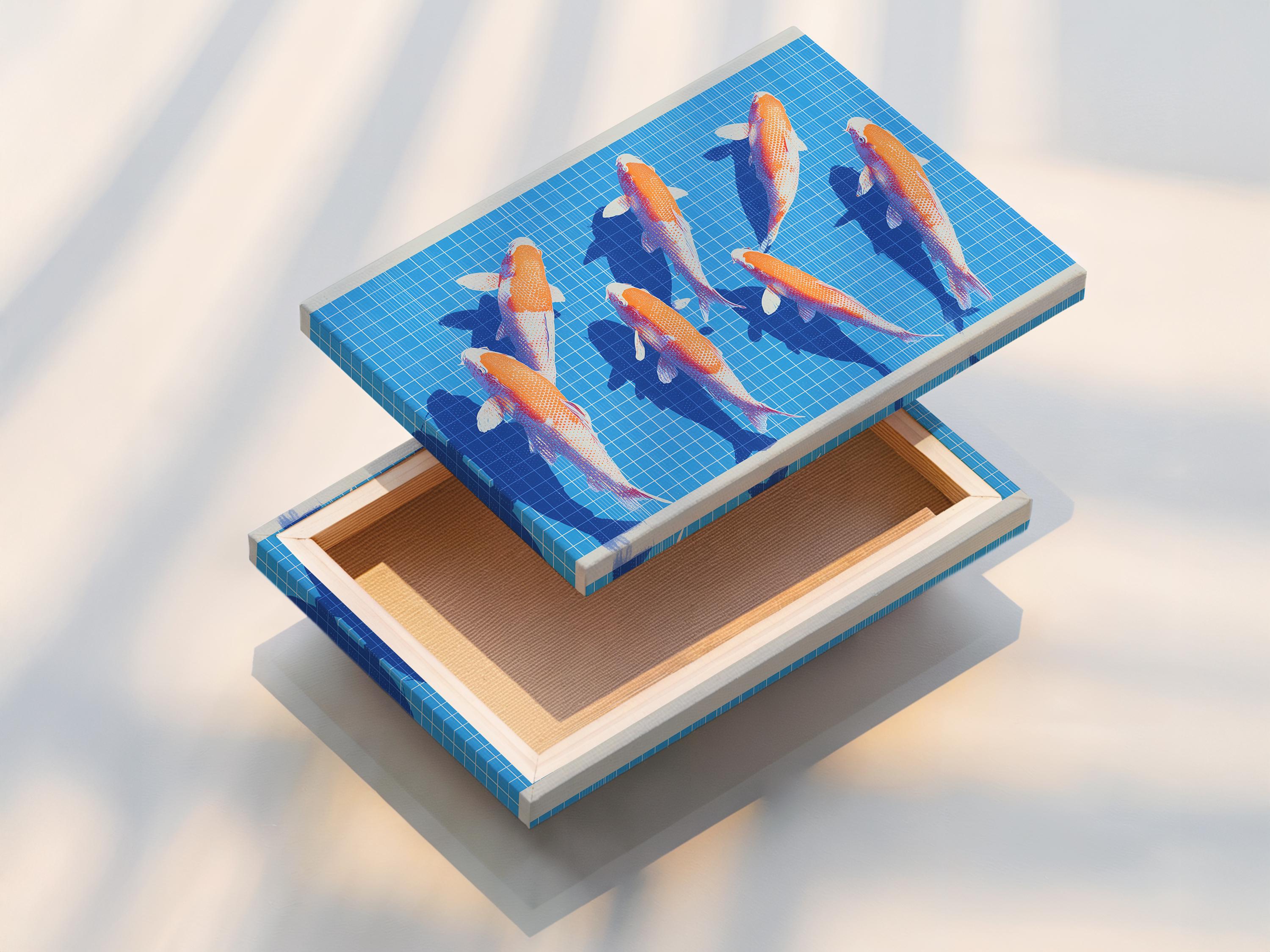 Orange koi fish swimming on a bright blue grid background with dark blue water shapes detail view