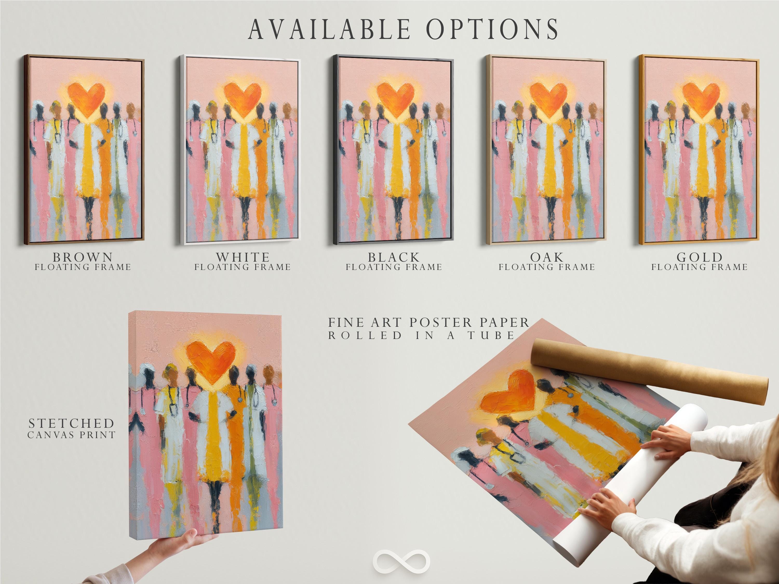 Orange heart above stylised healthcare worker figures on a pink painterly background detail view