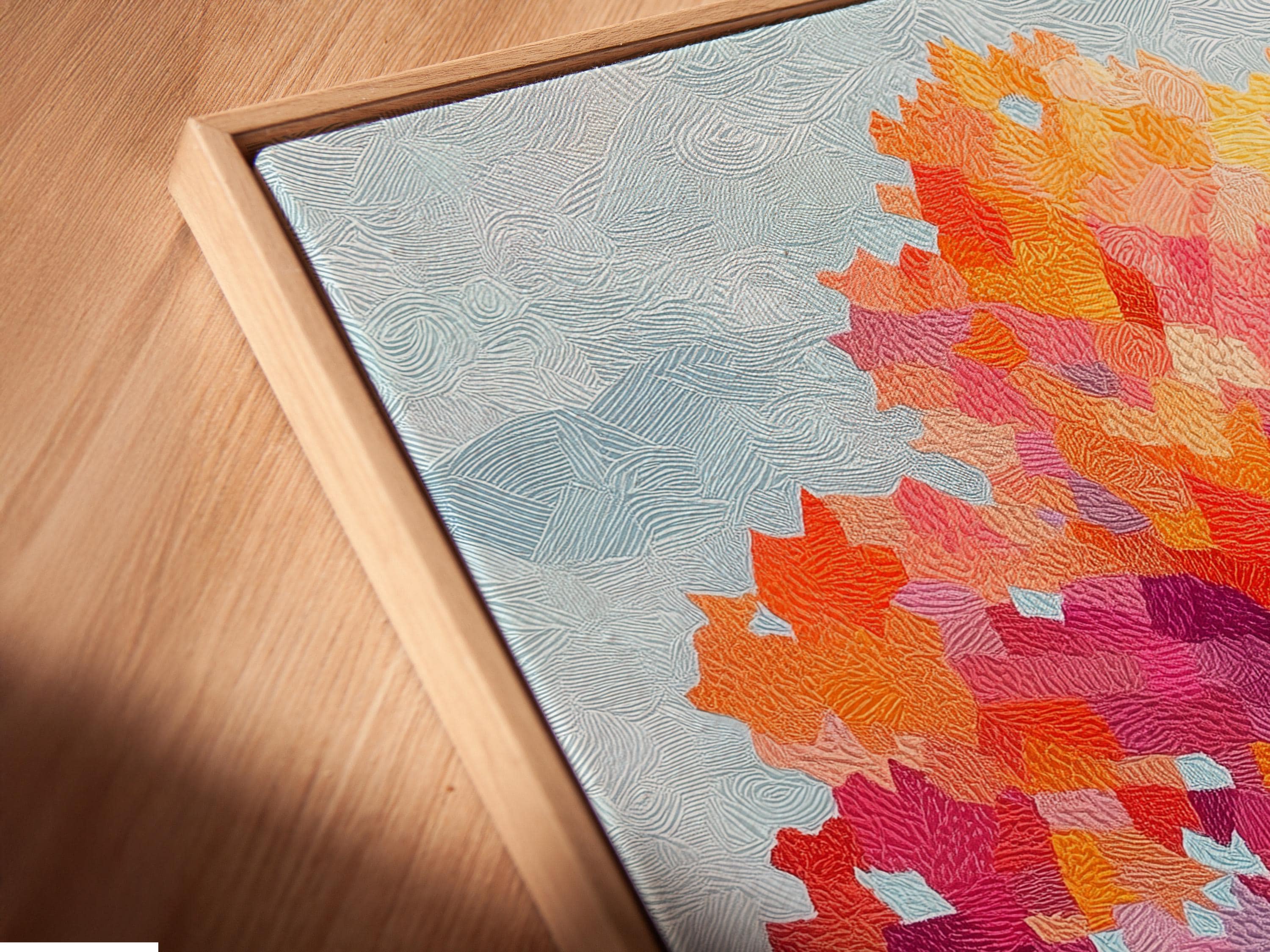 Stylised autumn tree artwork with orange, yellow and pink foliage on a textured blue background detail view