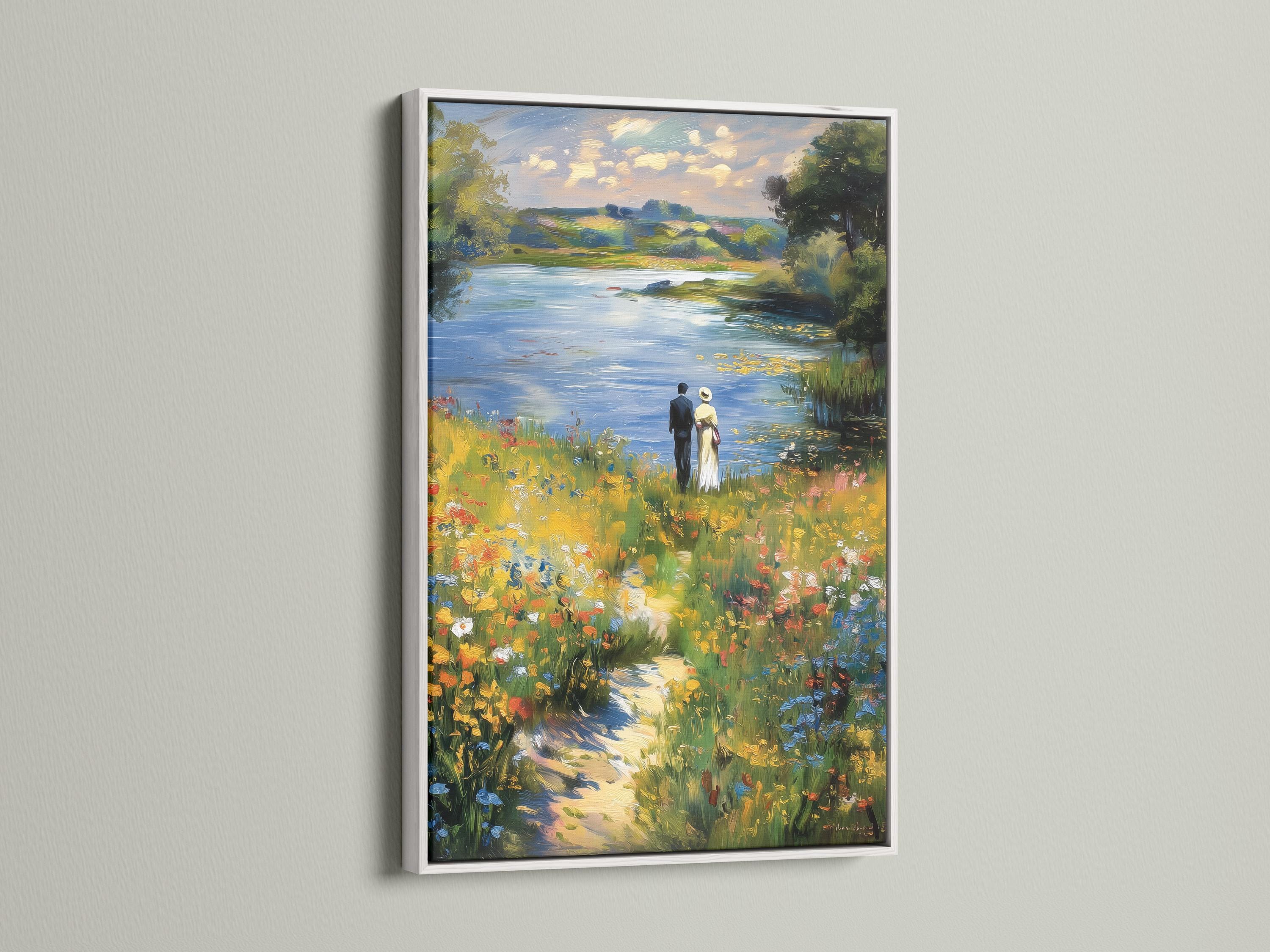 Impressionist lakeside meadow painting with two people standing near the shore and wildflowers detail view