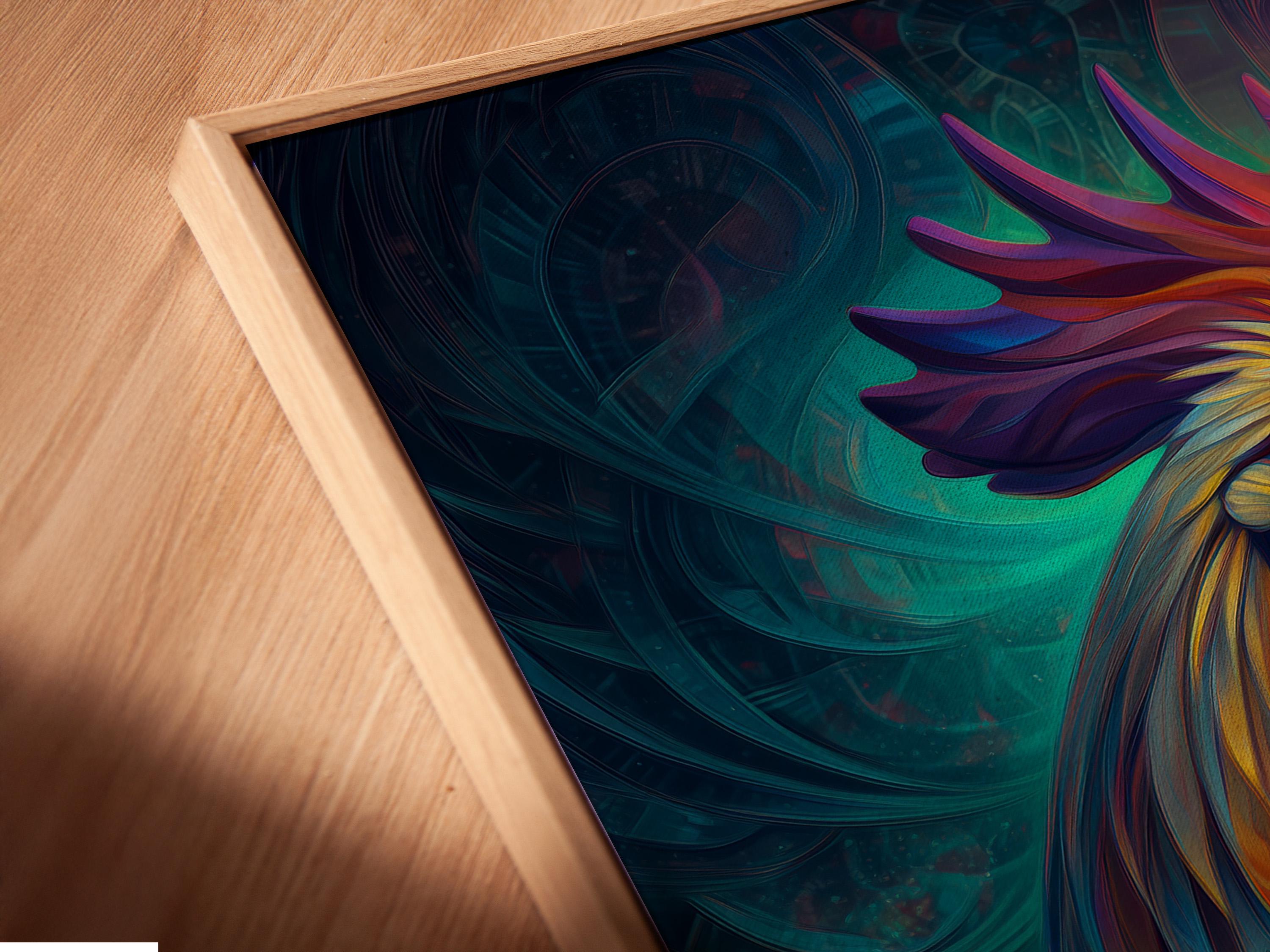 Room mockup showing framed rooster artwork in vivid teal, orange, purple and yellow