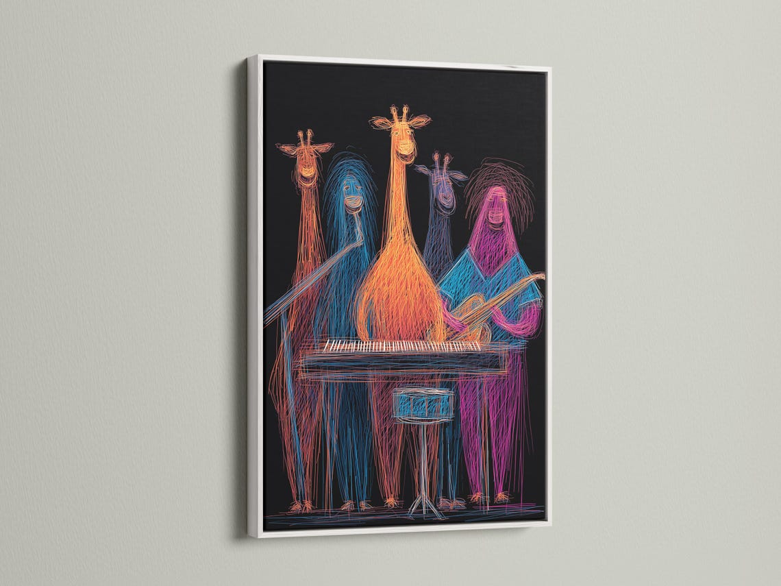 Neon line drawing of four giraffes grouped around a keyboard, on a dark background detail view