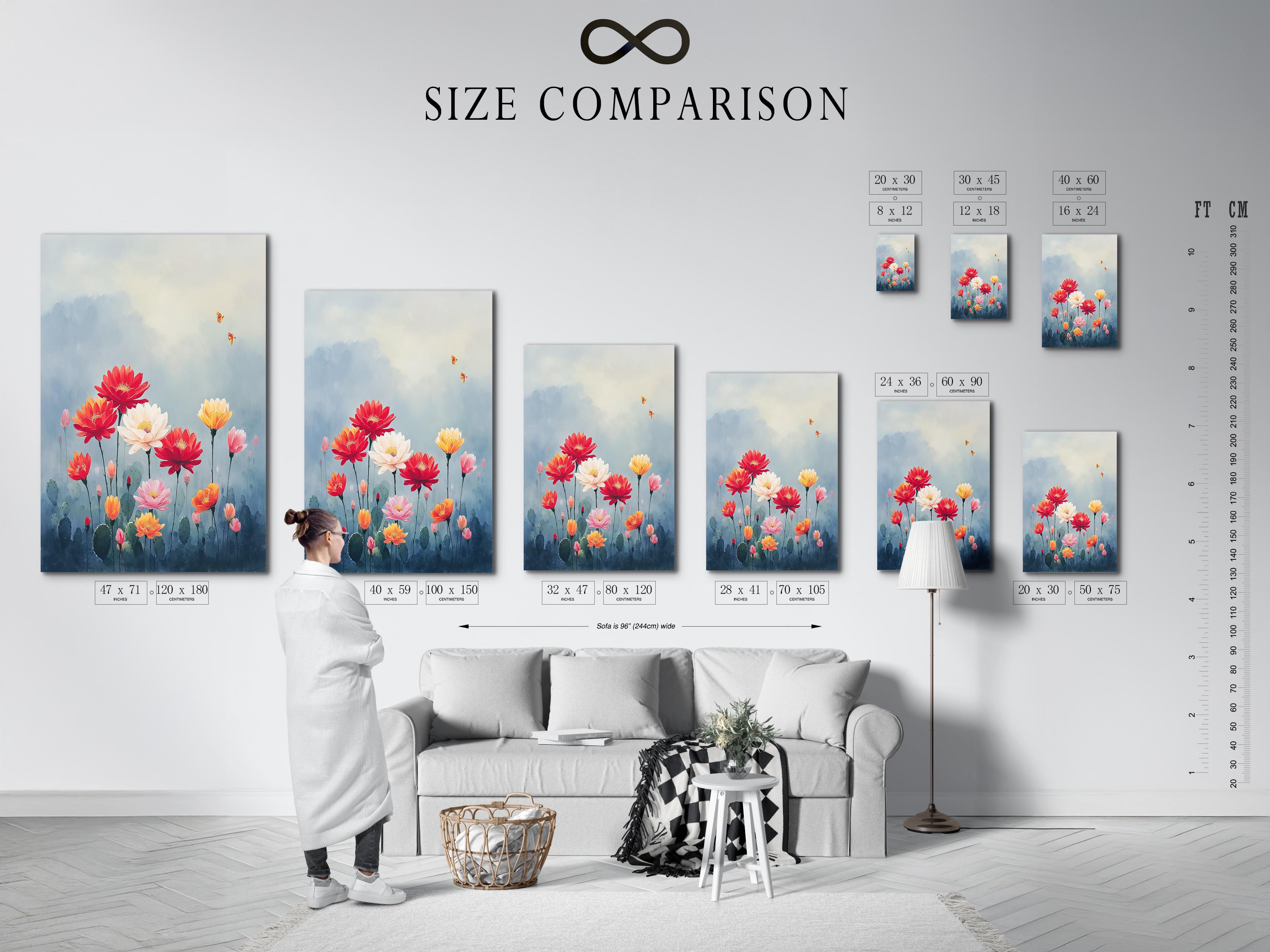 Framed desert flower bouquet artwork on a wall mockup with small butterfly details