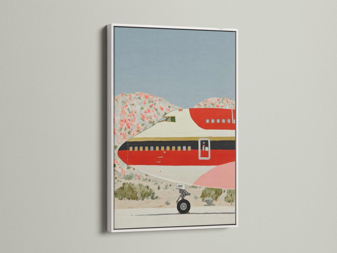 Red retro airplane illustration over a pastel landscape with floral details detail view