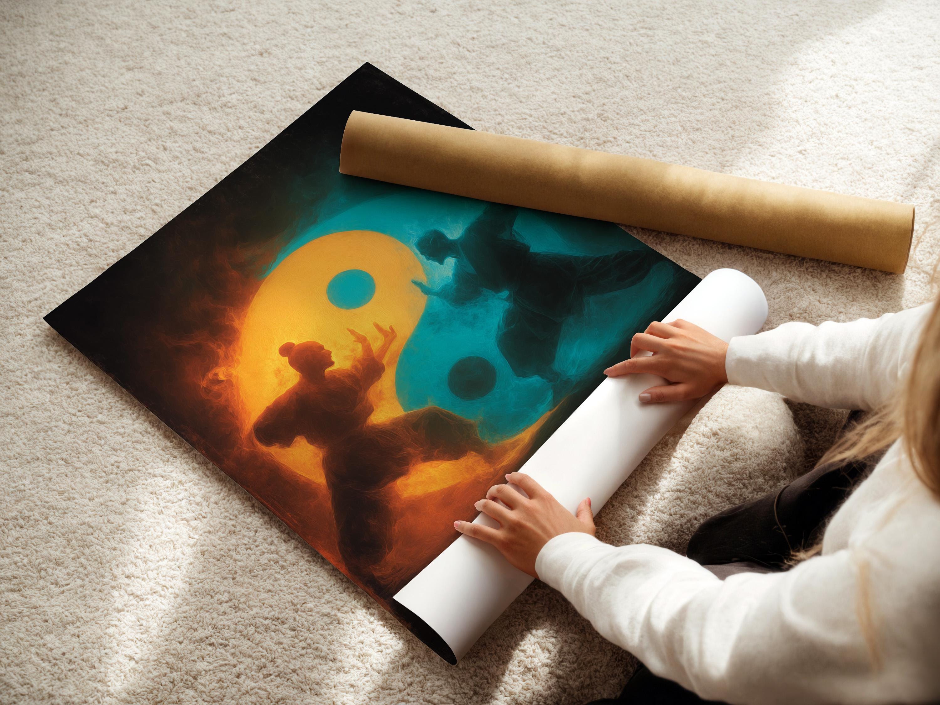 A dark painterly martial-arts figure stands in silhouette within a glowing yin-yang inspired split of orange and teal mist detail view