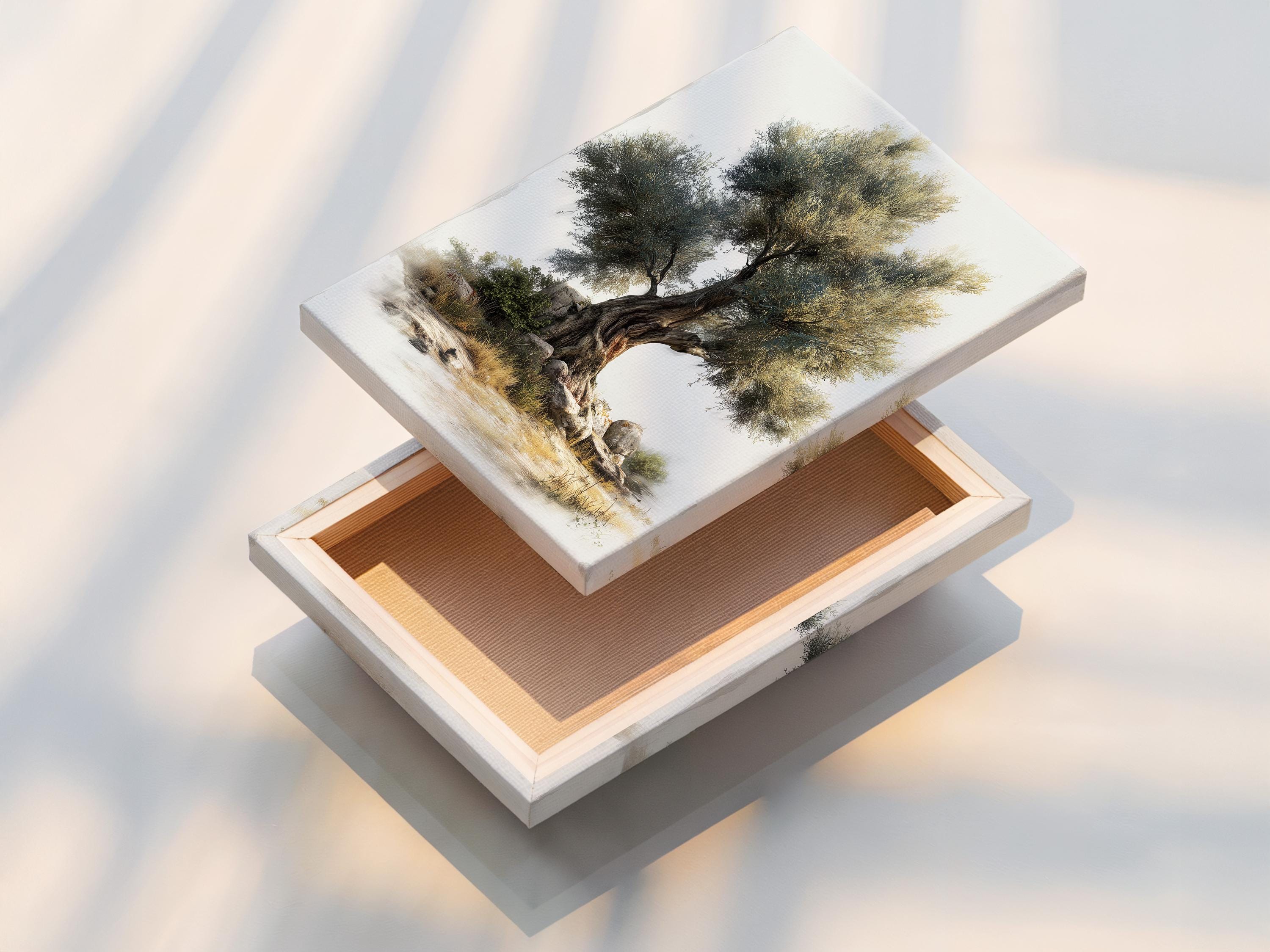 Painterly olive tree with dense green foliage above rocky riverbank and calm water in soft mist detail view
