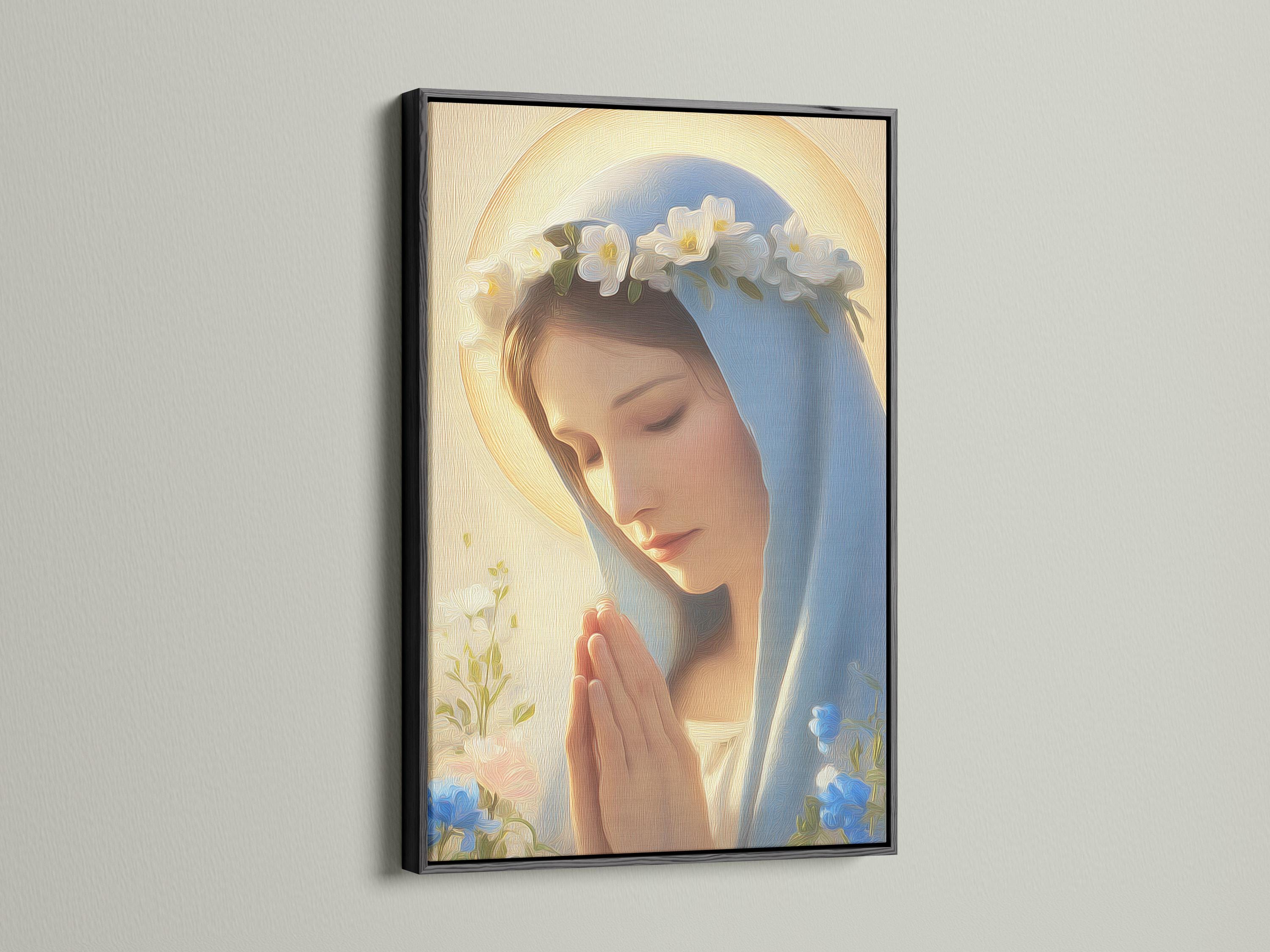Framed religious portrait on a wall with a bowed robed woman, blue veil, golden halo glow, and clouds