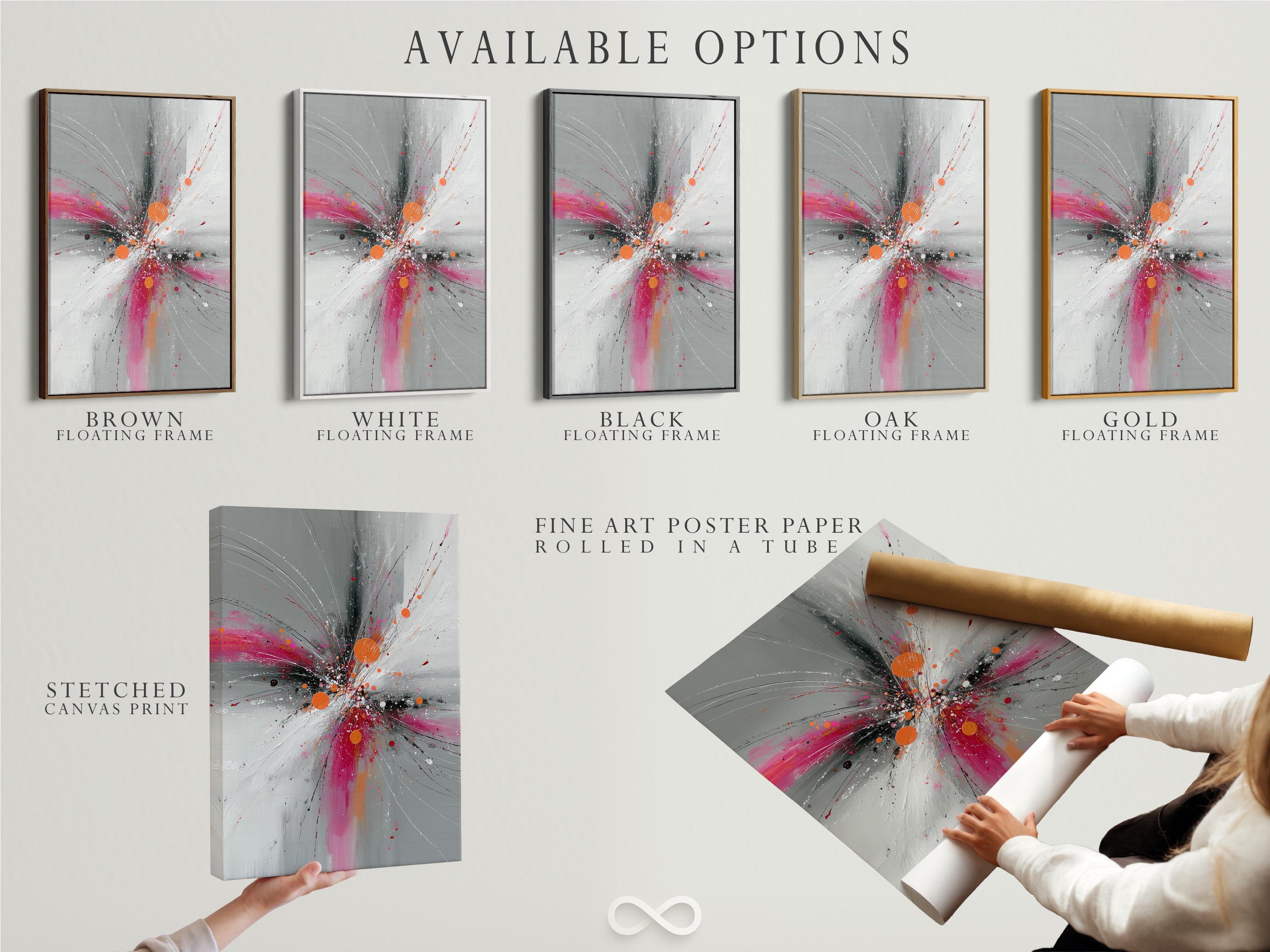 Abstract burst artwork with radiating grey and white lines, pink splashes and orange circular accents detail view