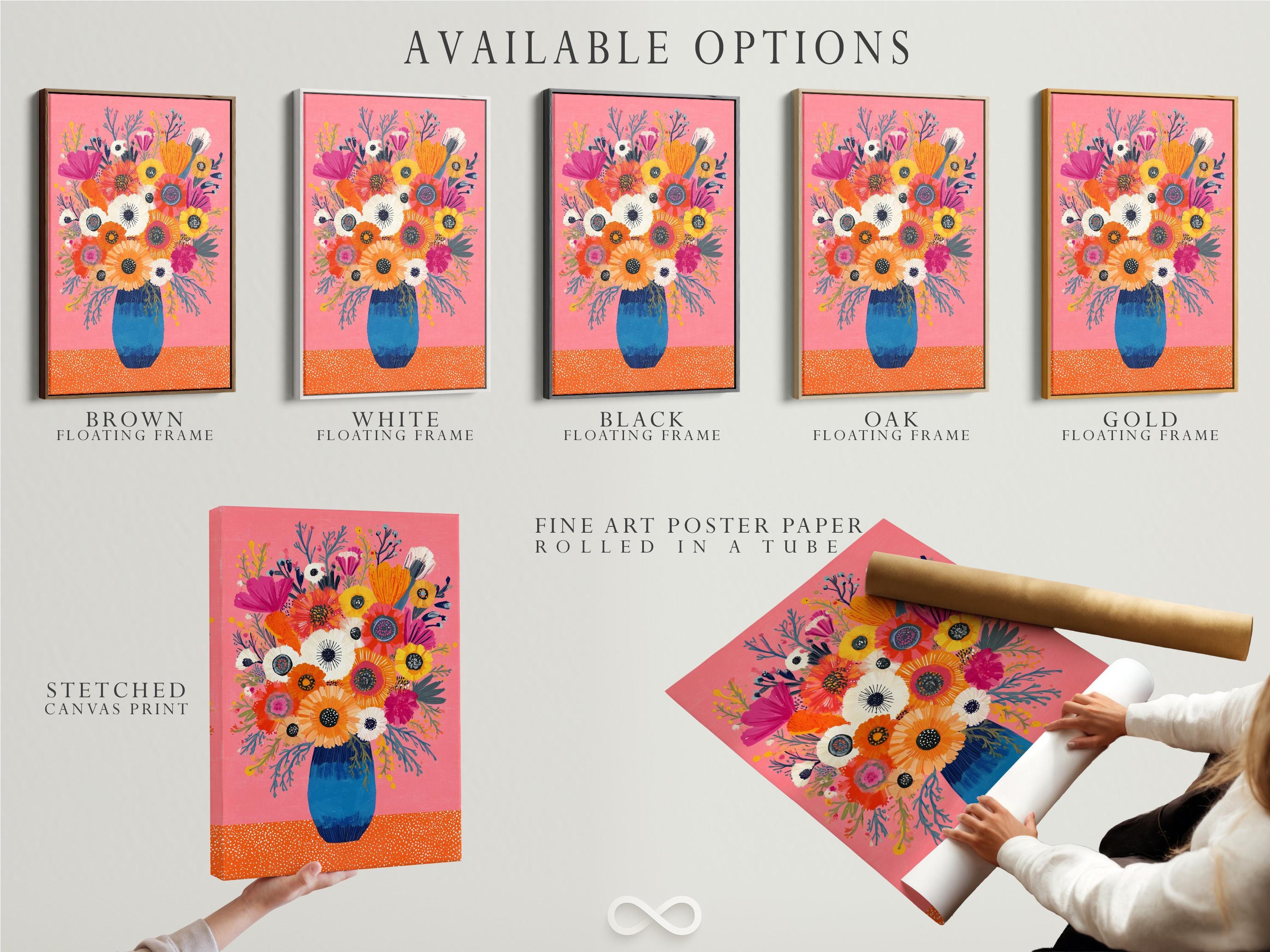 Floral bouquet painting with flowers in a blue vase on a pink background detail view