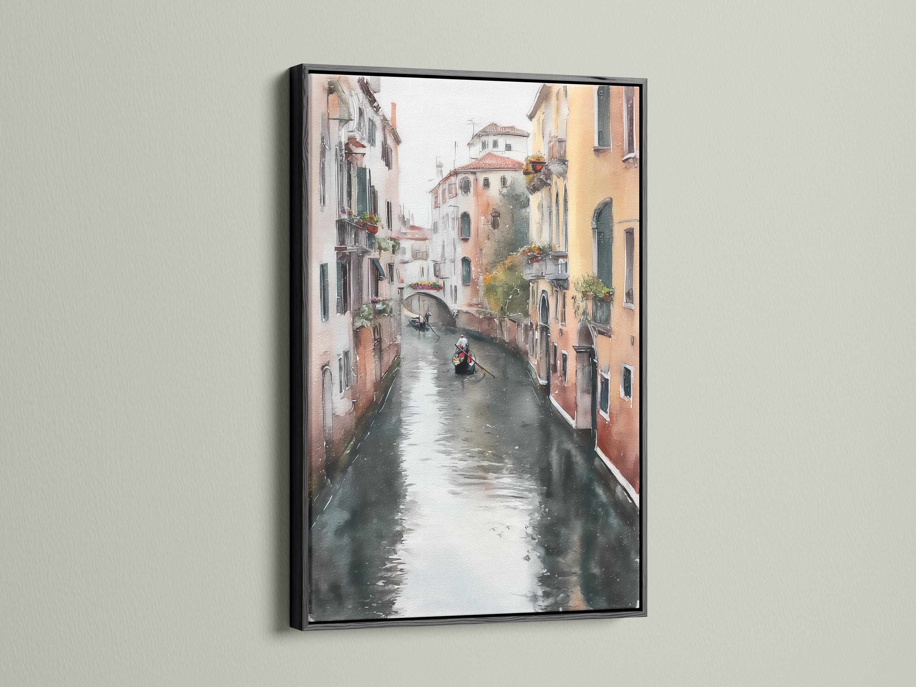 Painterly canal cityscape with warm buildings, grey water reflections and a small gondola-like boat detail view
