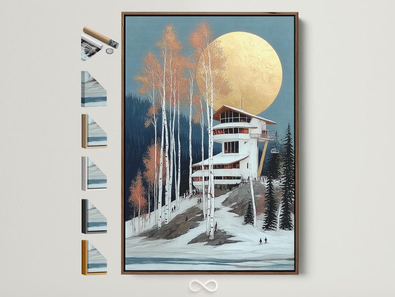 Winter ski lodge scene with a gold moon, snowy trees and a cabin