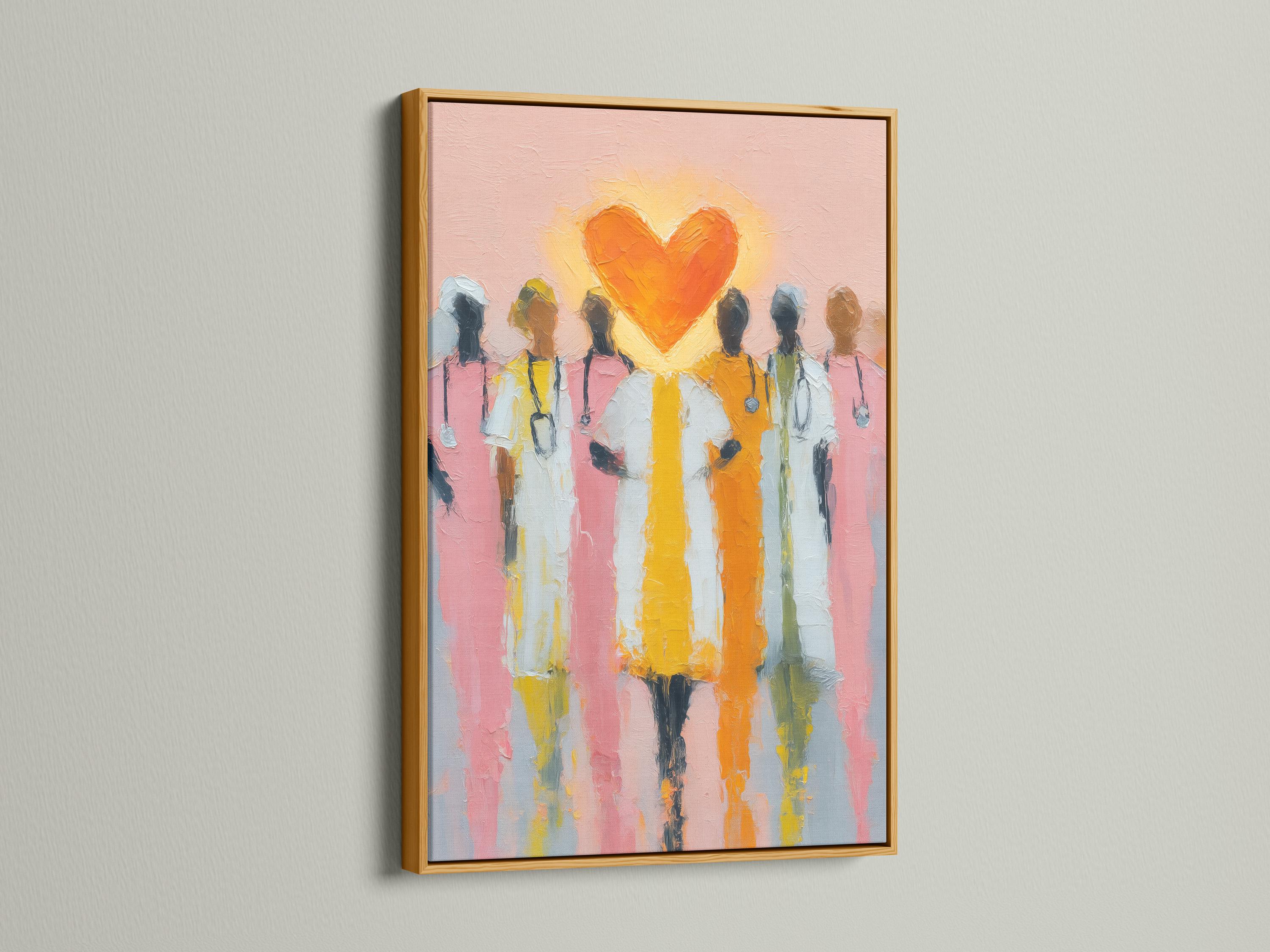 Orange heart above stylised healthcare worker figures on a pink painterly background detail view