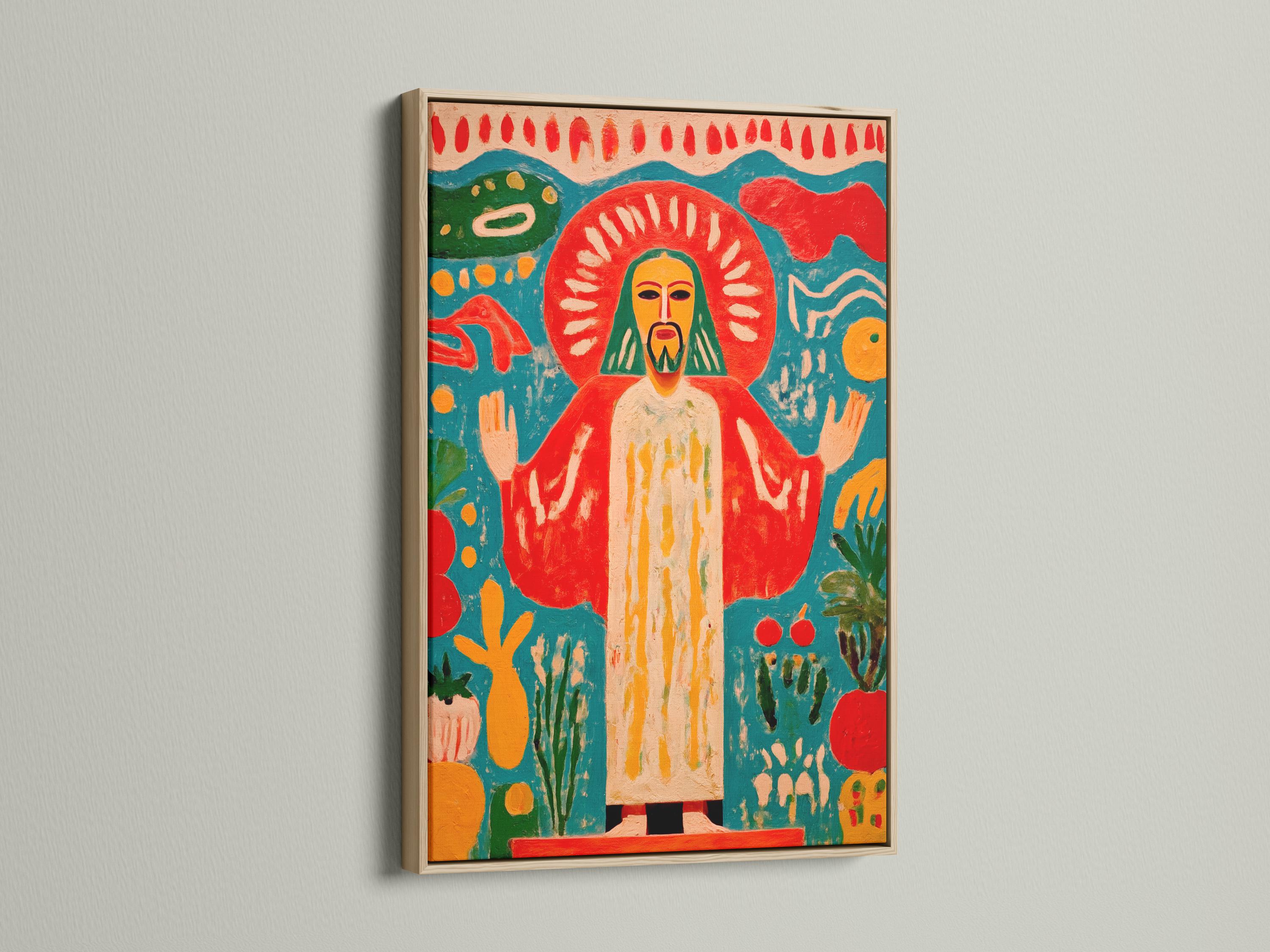 Religious sacred figure artwork displayed above a decorative console in a living room