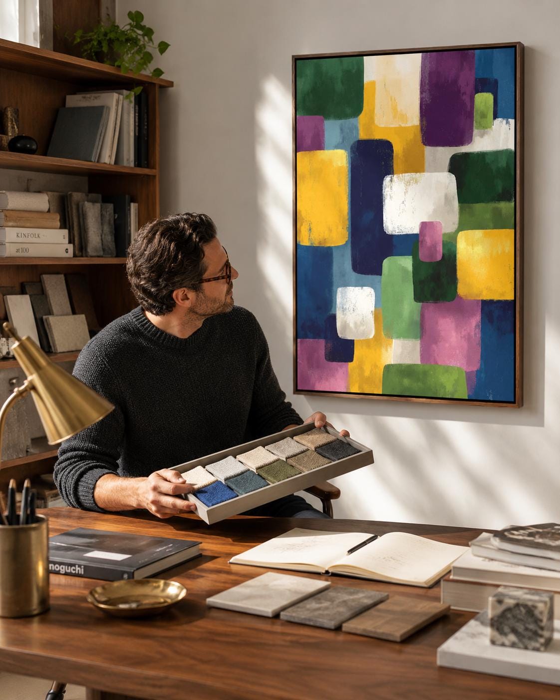 A framed geometric abstract artwork features overlapping colourful blocks—green, yellow, purple, blue and white—arranged in an irregular, layered
