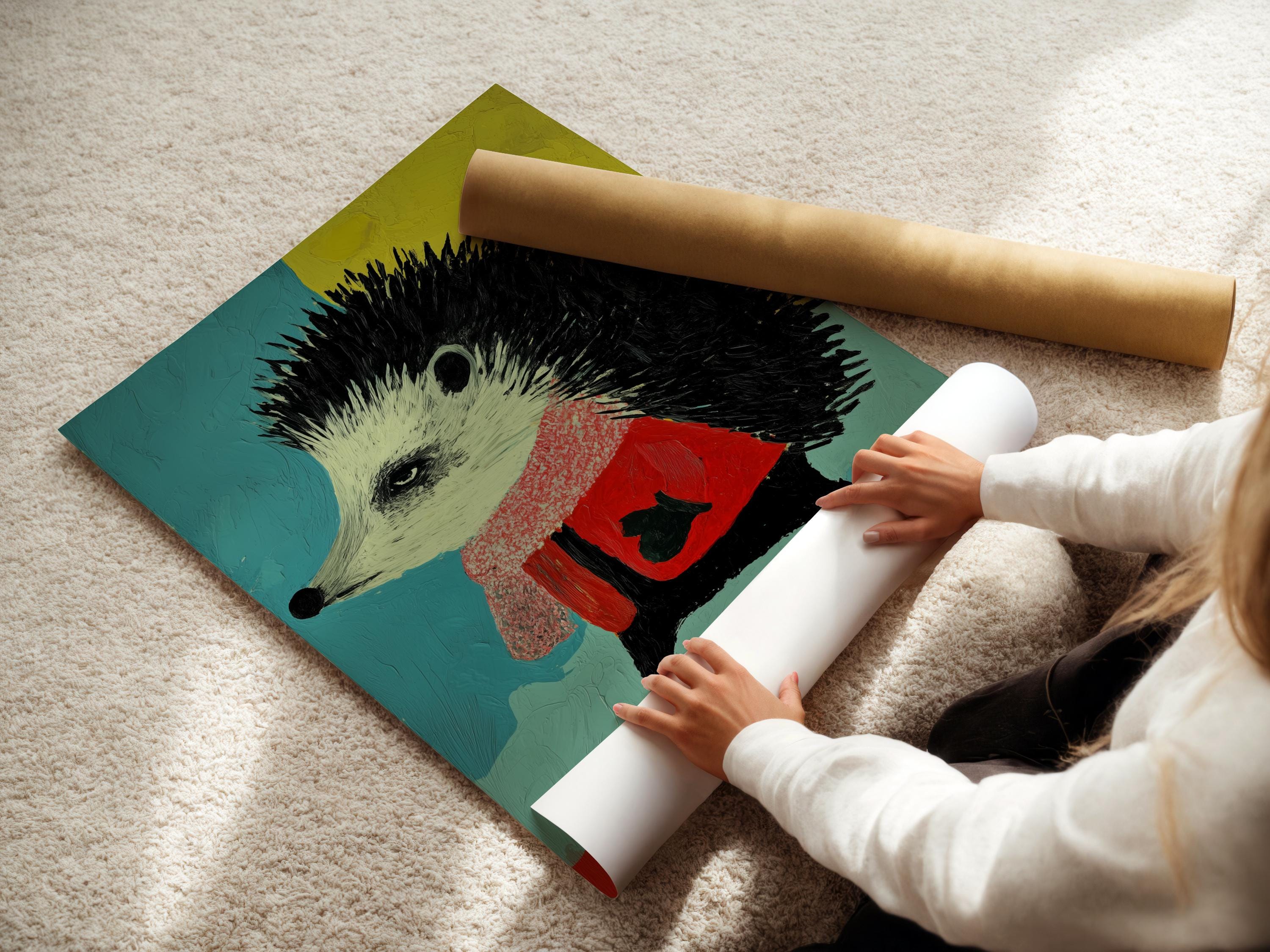 Cartoon hedgehog with a red jacket on a teal, yellow and red graphic background detail view