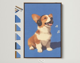 May include: A framed canvas print featuring a corgi wearing headphones, set against a blue background. The corgi is brown and white, with musical notes floating nearby. The artwork has a vintage, illustrated style.
