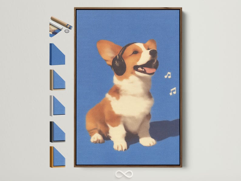 A stylised corgi dog portrait sits against a speckled blue background, wearing large headphones and shown smiling with small musical notes nearby