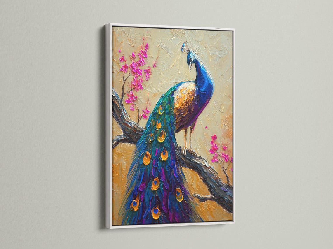 Vibrant peacock with jewel-toned blue feathers beside pink cherry blossom branches on a cream textured background detail view