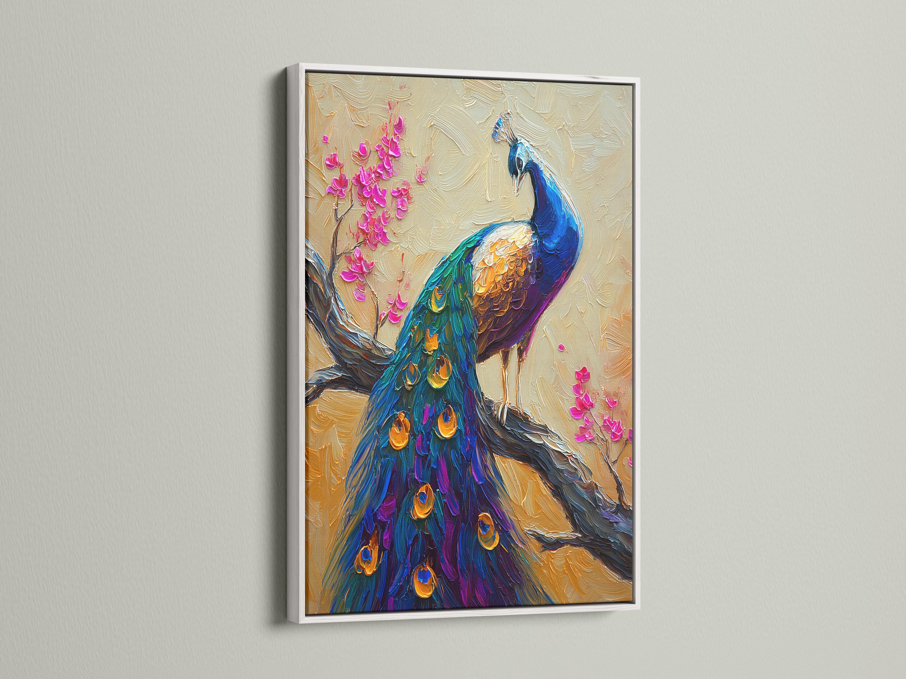 Vibrant peacock with jewel-toned blue feathers beside pink cherry blossom branches on a cream textured background detail view