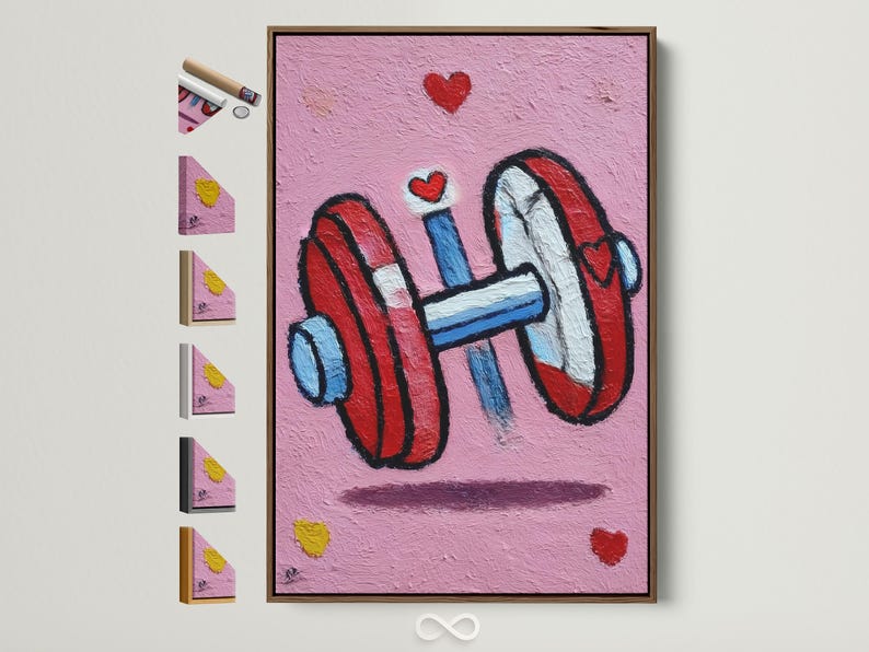 Textured pink fitness artwork with a stylised weightlifter, blue bar, and red heart shapes