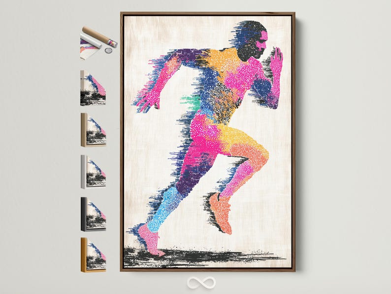 Abstract running man artwork with multicolour speckled figure and black accents