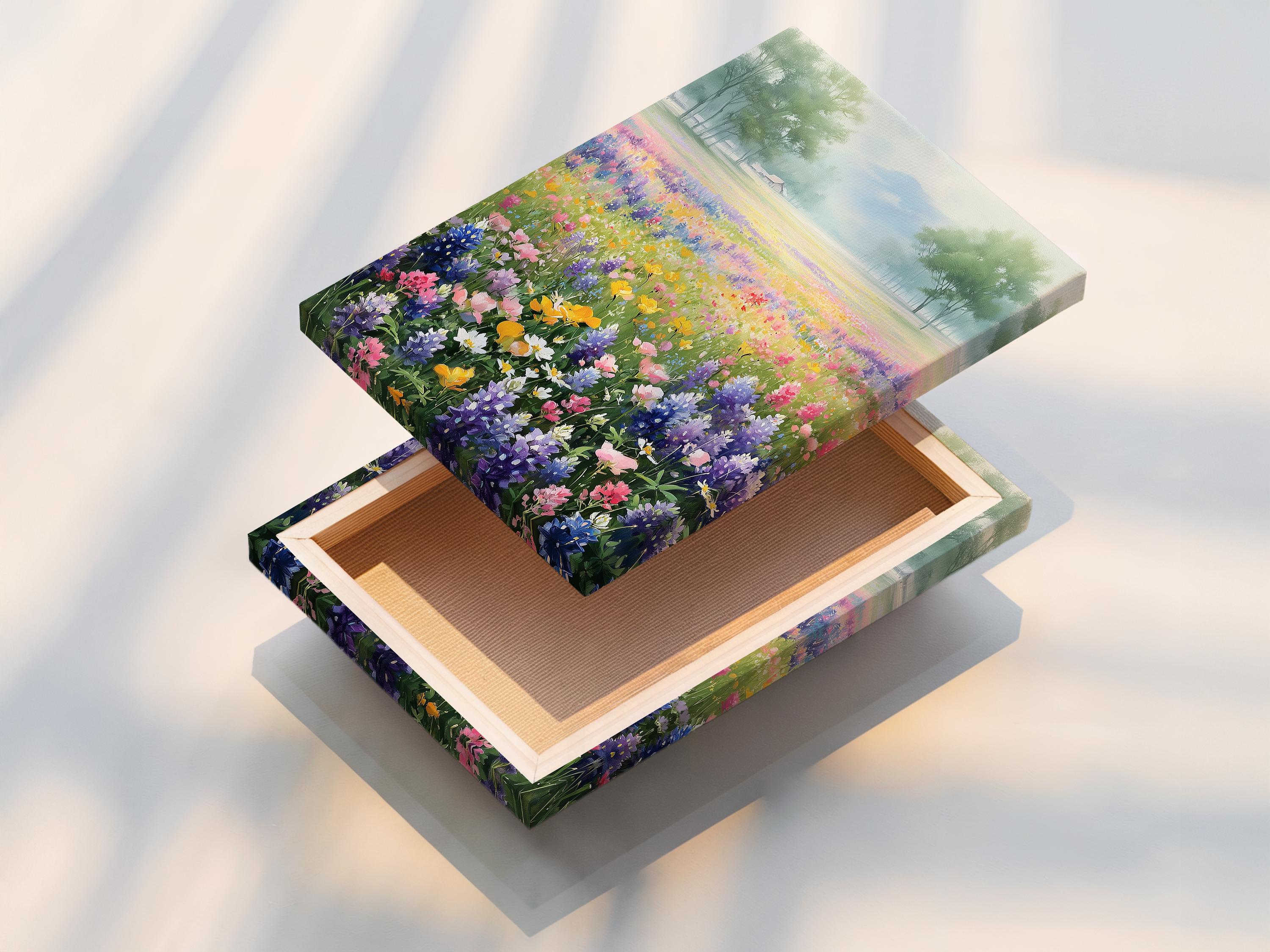 Pastel wildflower meadow with colourful flowers in the foreground and misty trees in the distance detail view