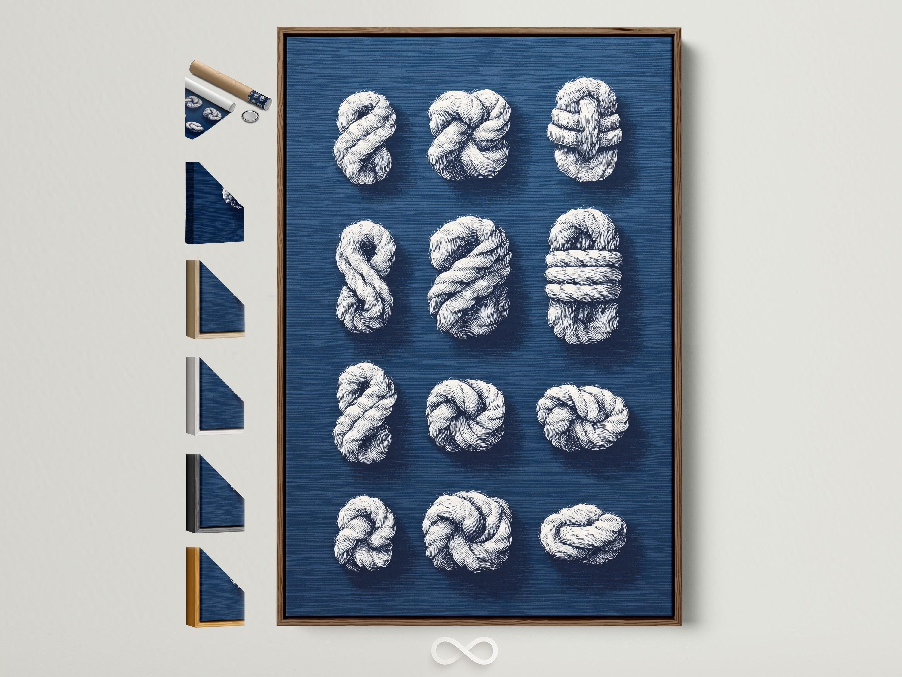 Nine white rope knots arranged on a navy blue background detail view