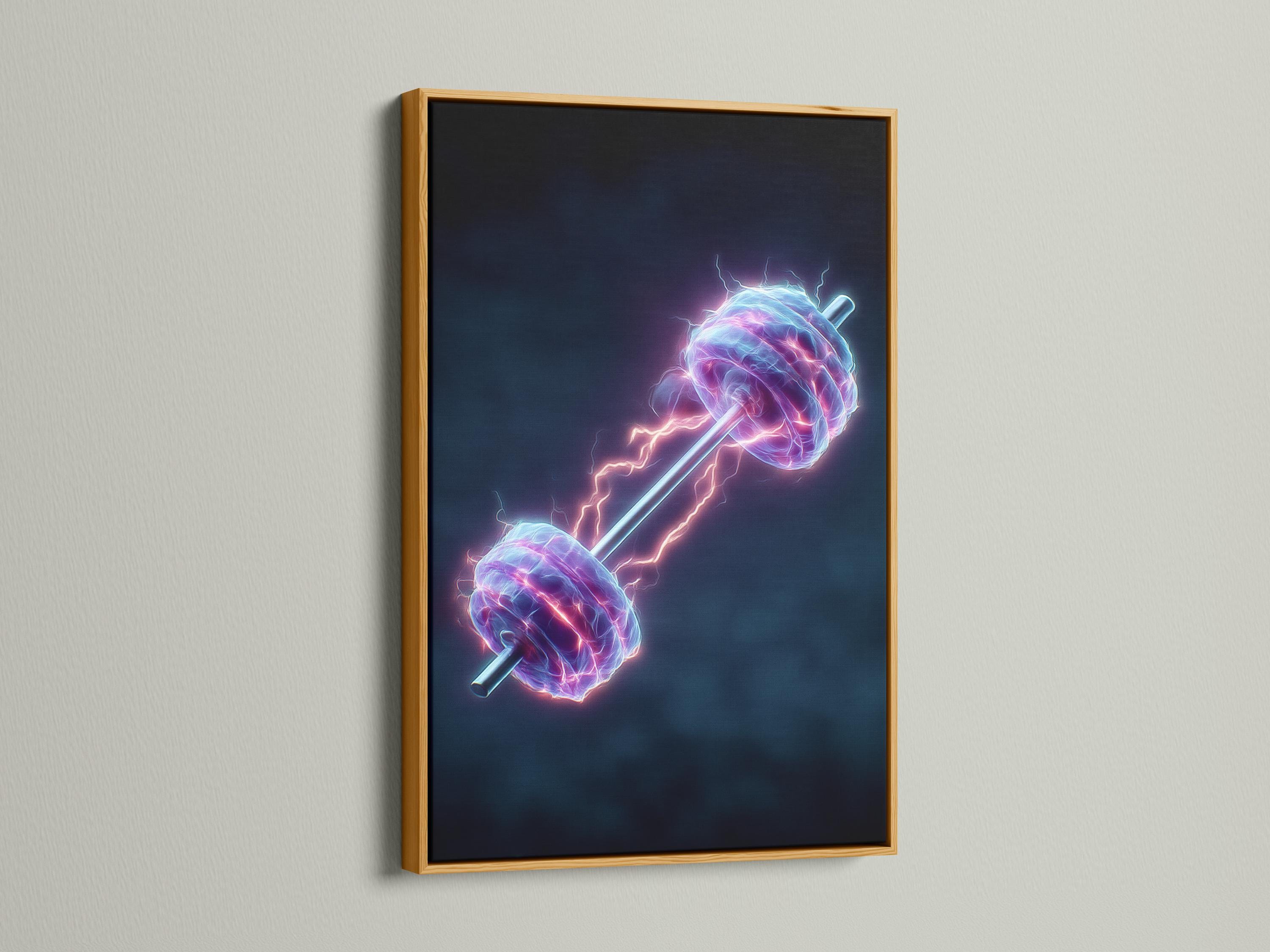 Neon dumbbell artwork with electric purple, blue and pink glow lines on a dark background detail view