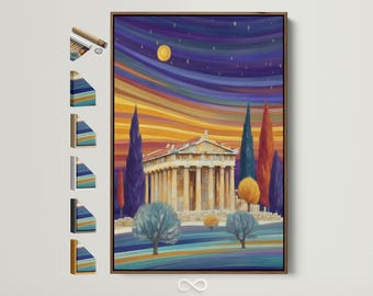 Ancient Greece Architecture Canvas Art - Sunset Landscape Wall Print, Mediterranean Temple Decor, Colorful Greek Scene for Living Room