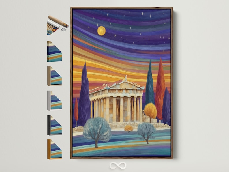Stylised ancient temple scene with purple and gold sunset sky, stars, and cypress-like trees
