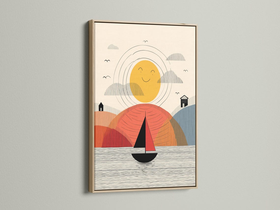 Geometric sailboat scene with a smiling yellow sun, wavy water lines, and layered hills in coral and blue detail view