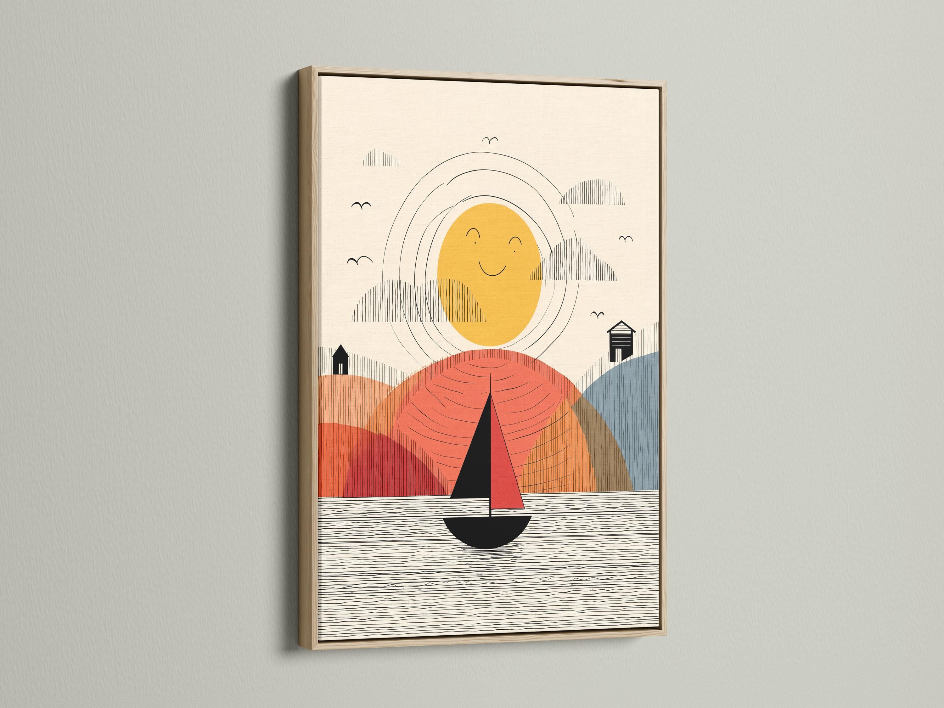 Geometric sailboat scene with a smiling yellow sun, wavy water lines, and layered hills in coral and blue detail view