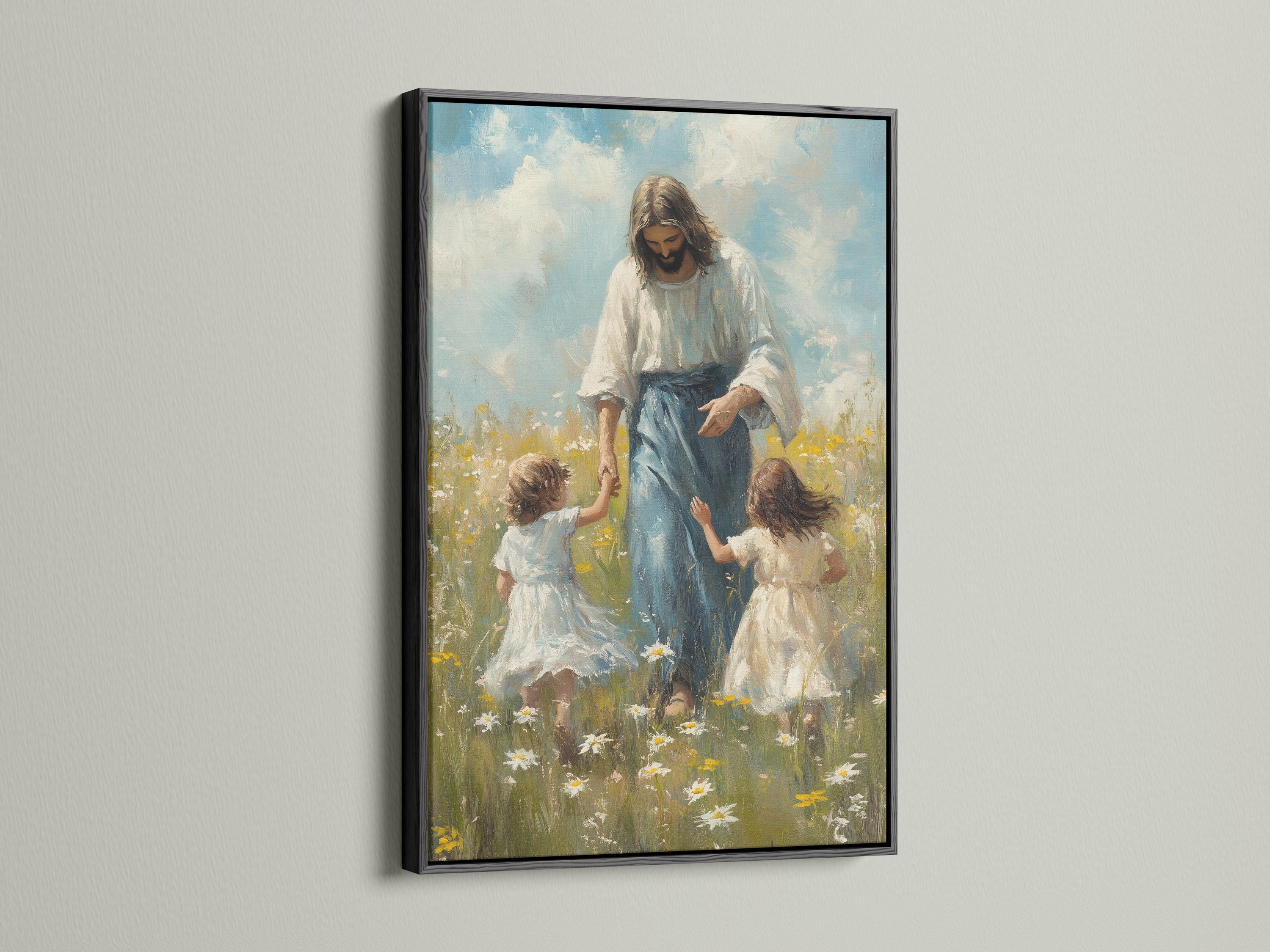 Religious meadow wall art mockup with an ornate frame on a light wall