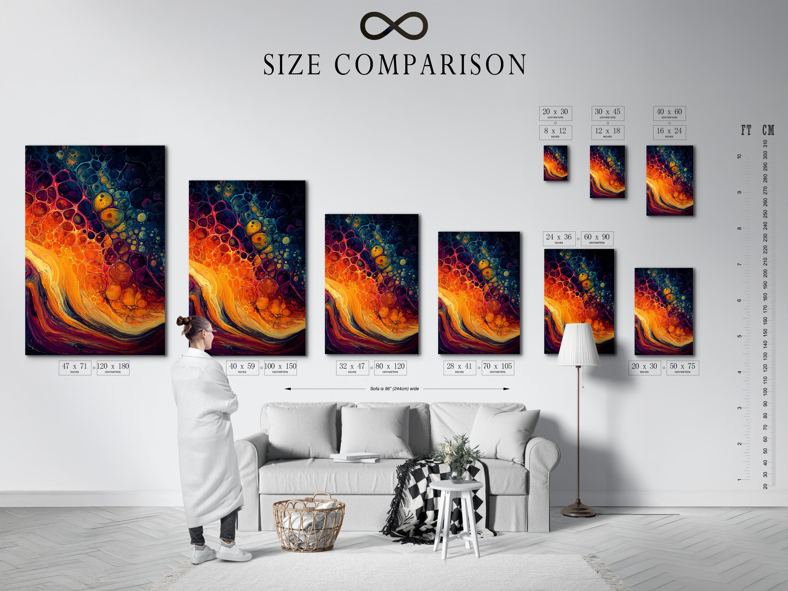 Abstract fluid artwork with orange and teal swirls and bubble-like circles detail view