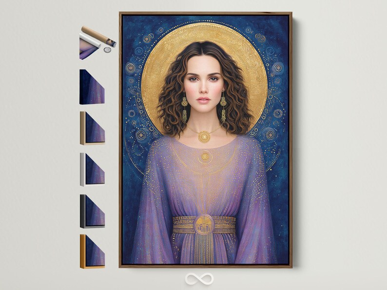 Celestial goddess portrait with a gold halo, blue and purple robe, and decorative star-like speckles