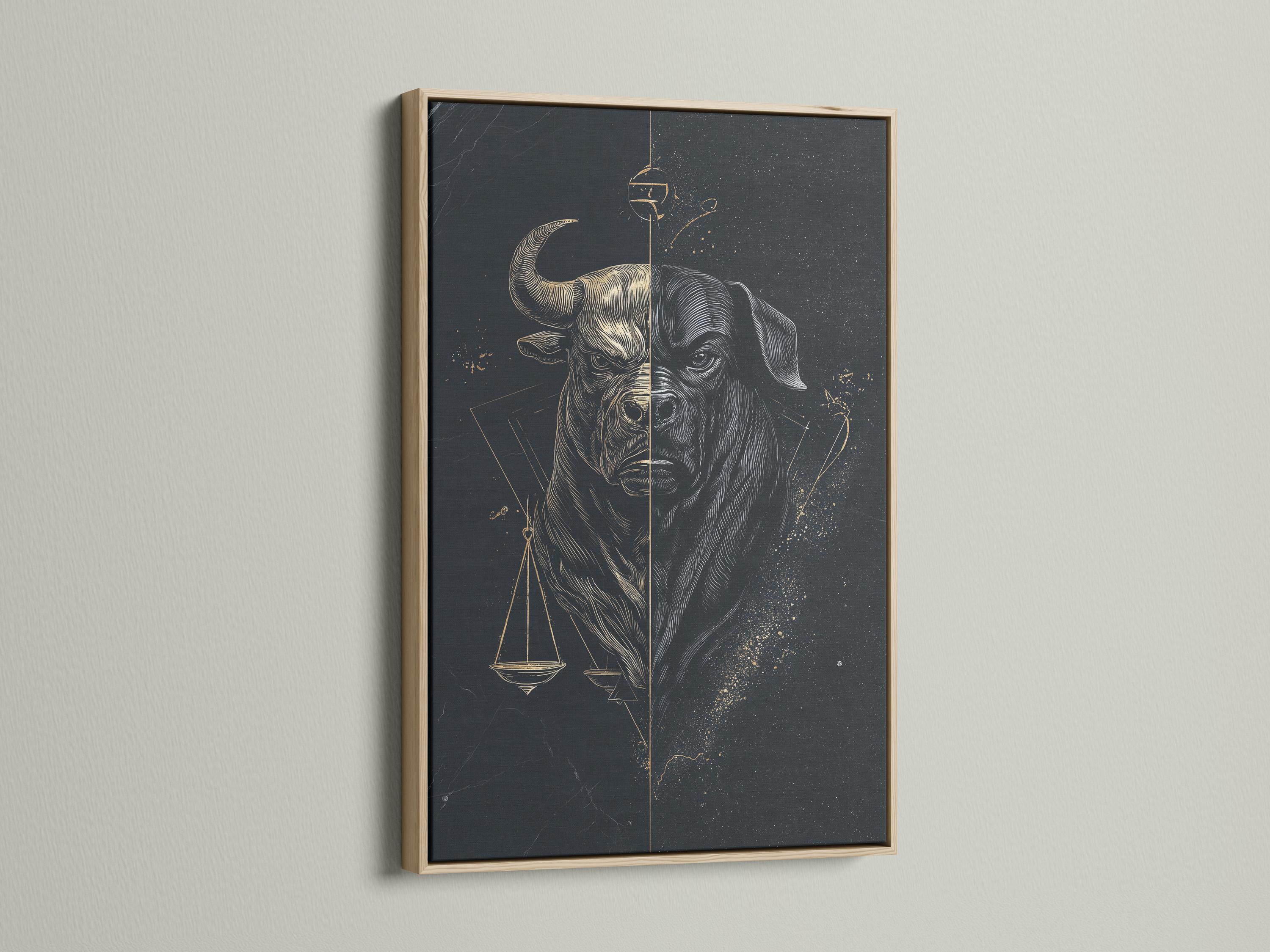 Split monochrome bull and dog portrait with gold scales of justice on a dark background detail view