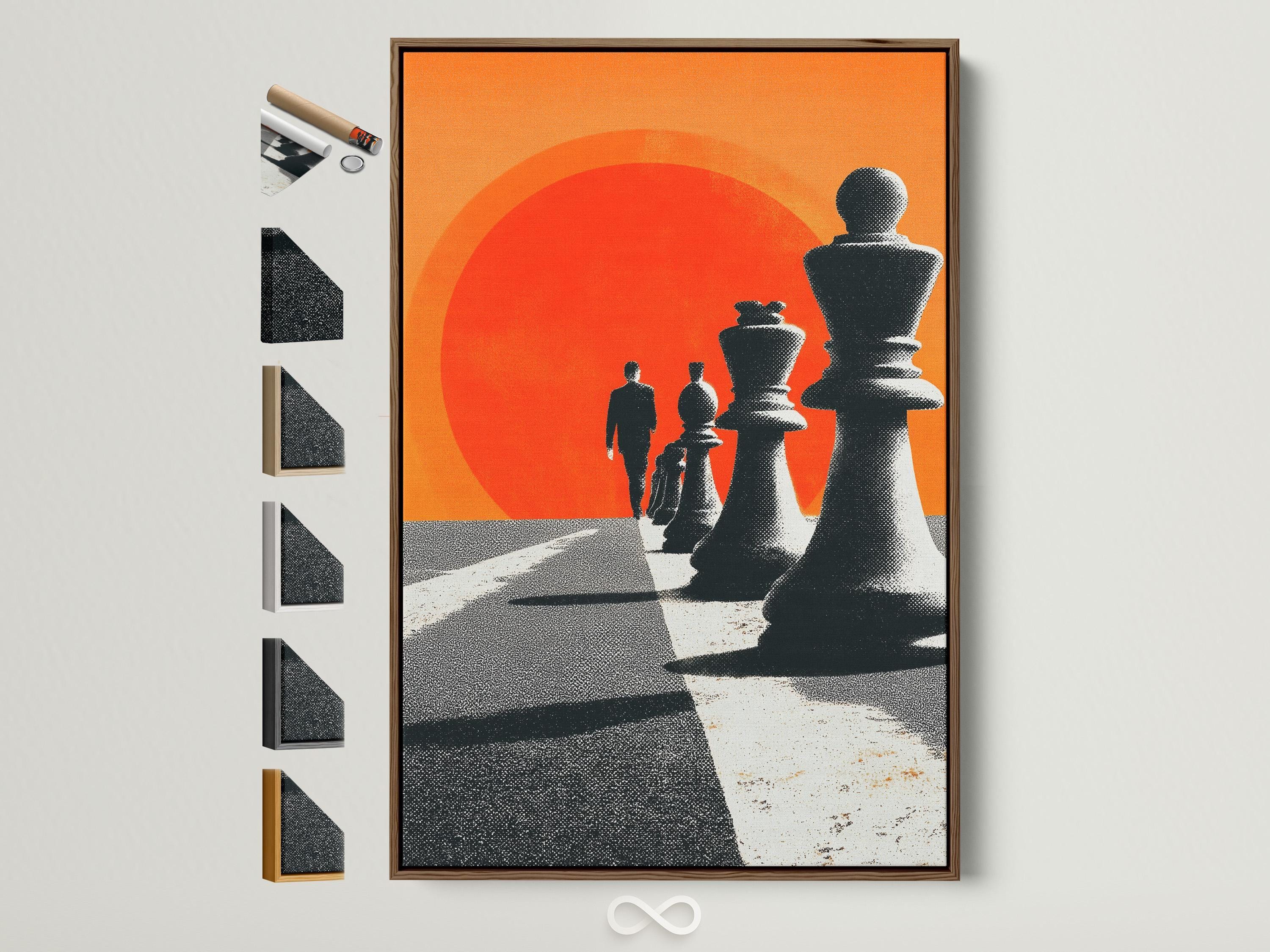 Chess wall art in an office or lounge setting with warm lighting