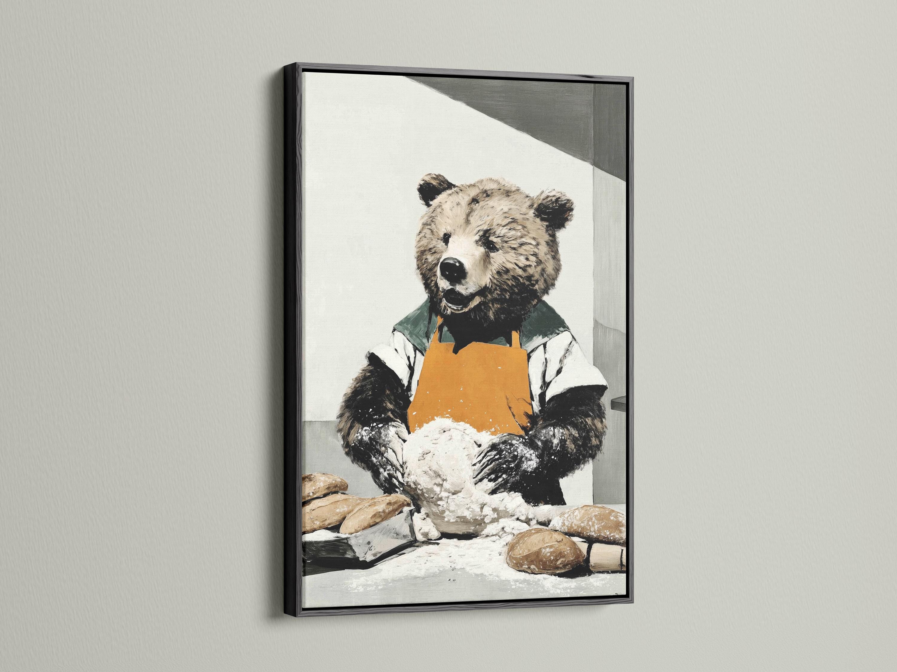 Bear baker artwork with an orange apron, green clothing, and dough on a table detail view