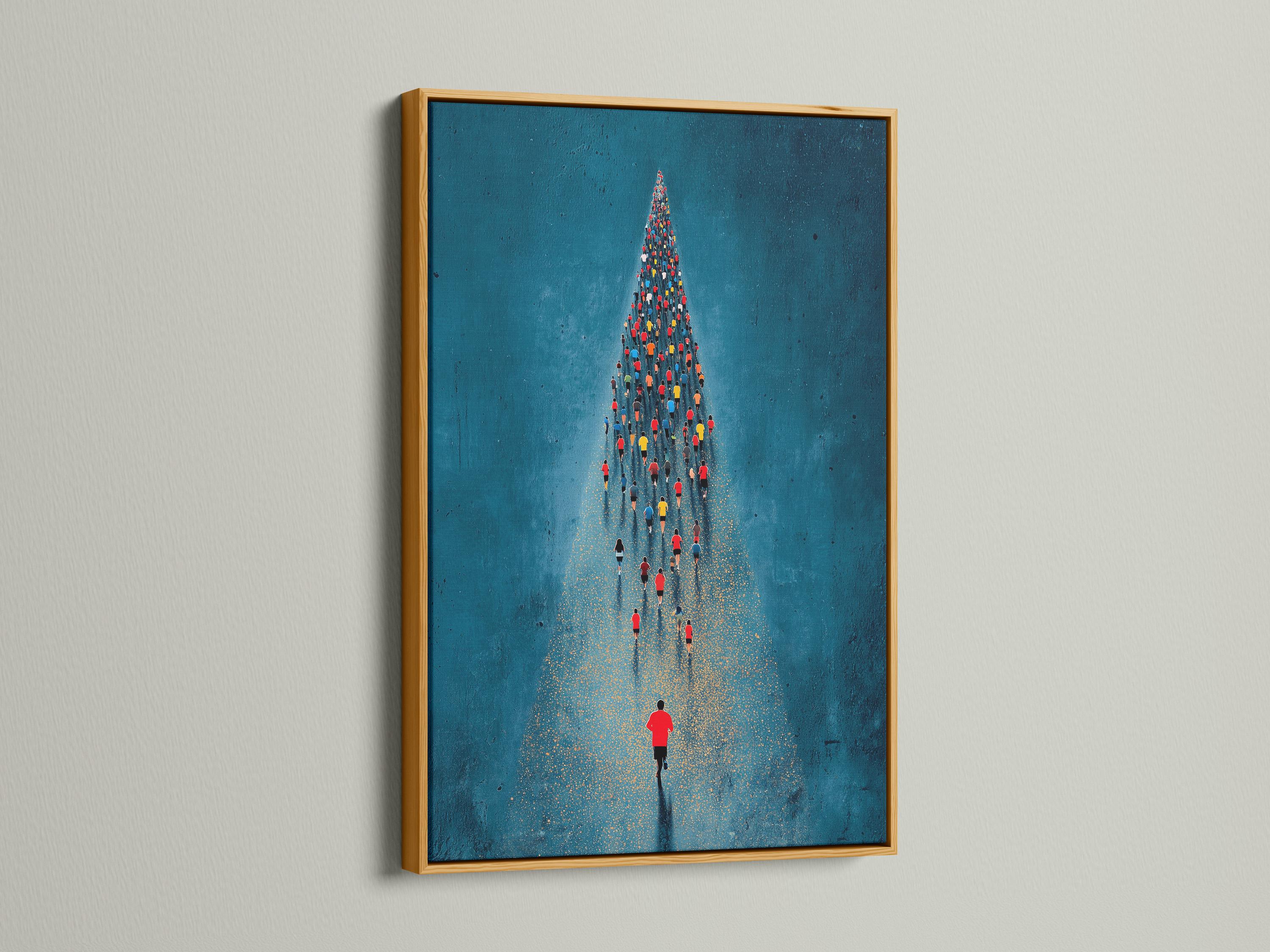 Teal-blue running crowd scene with a lone red-shirt runner and gold speckled path detail view