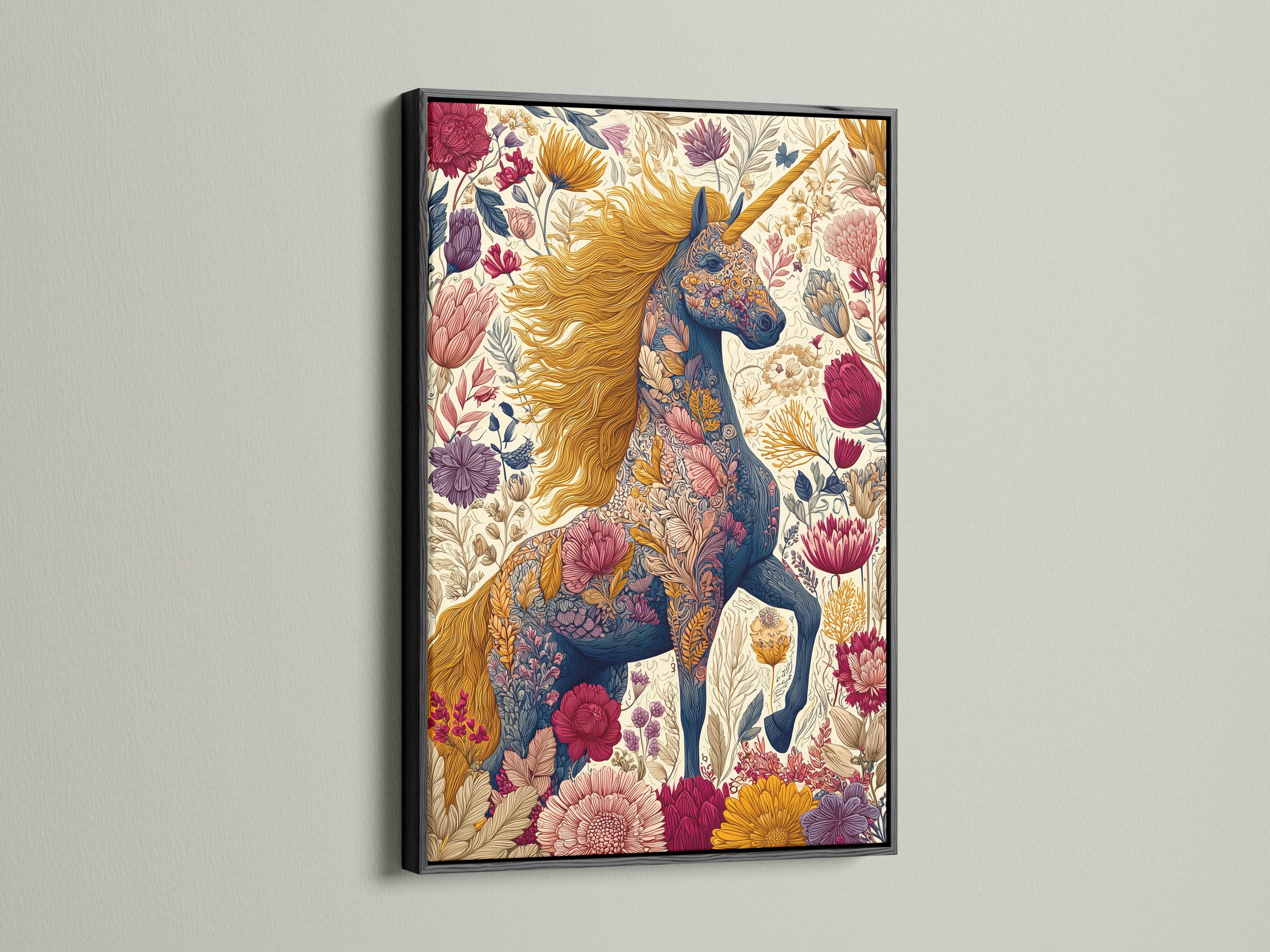 Illustrated unicorn with flowing golden mane among layered flowers and leaves on a pale cream background detail view