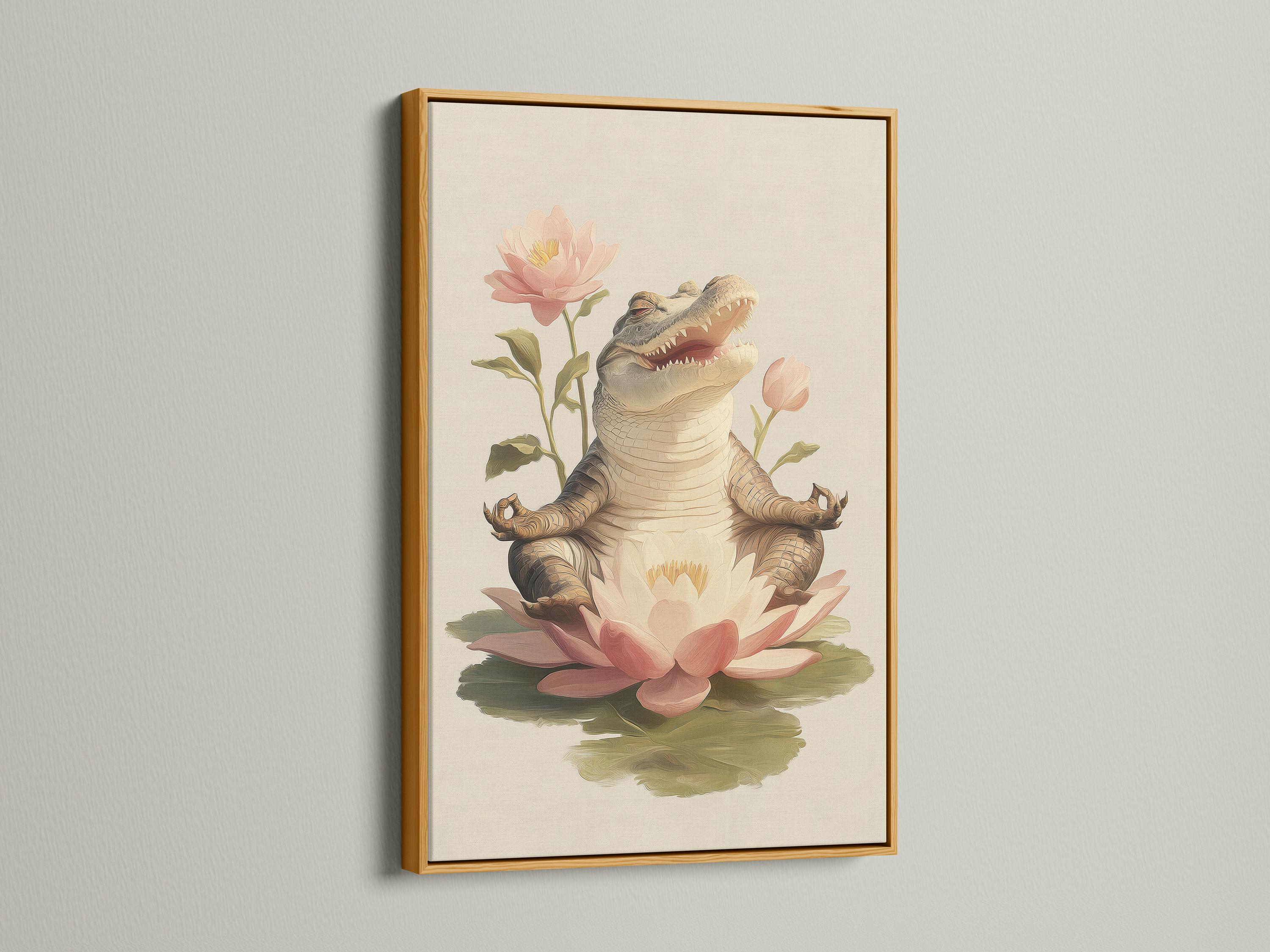 Grey alligator resting on pale pink and cream lotus flowers with green leaves on a light background detail view