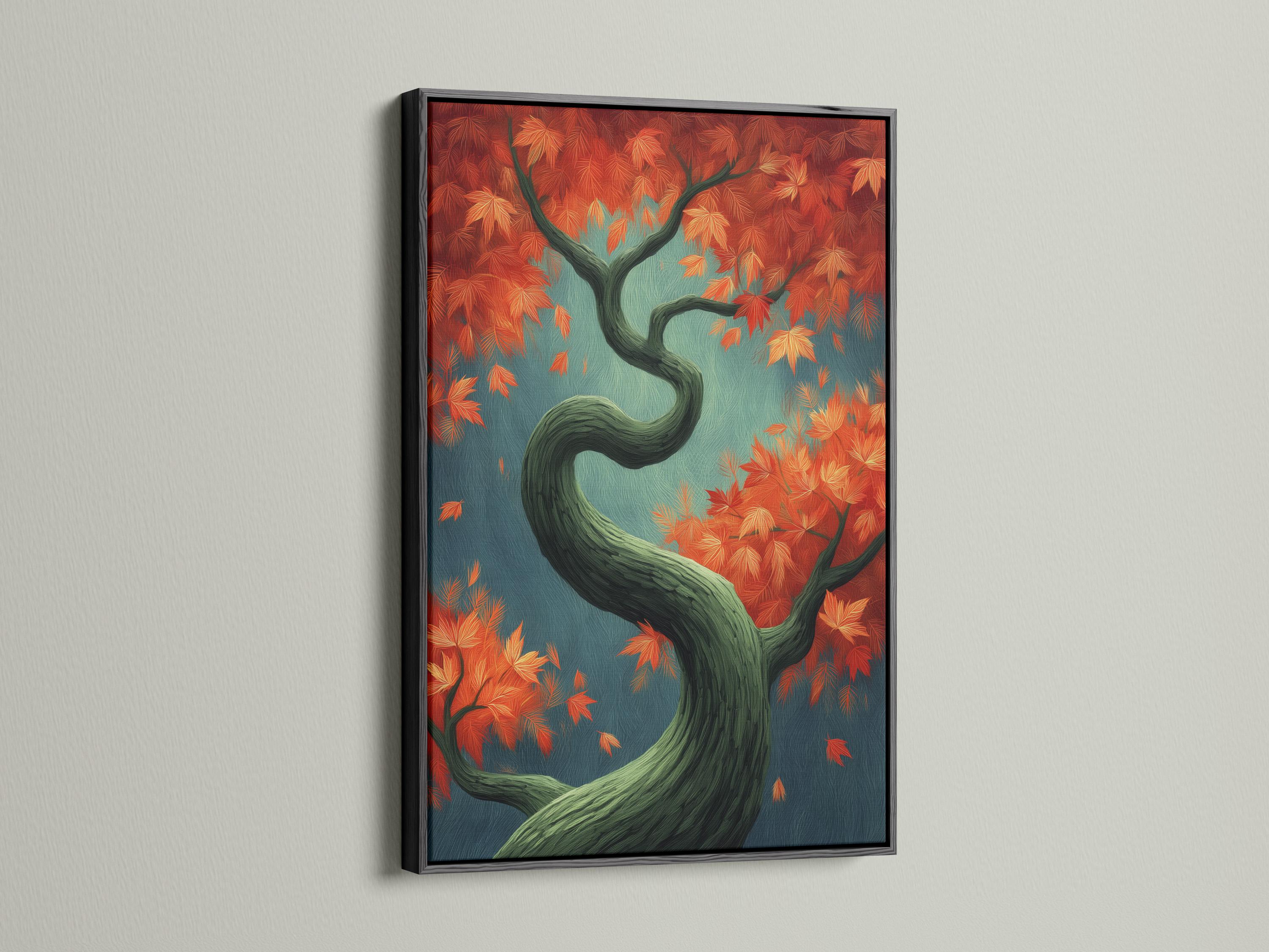 Autumn tree illustration with teal background, orange and red leaves, and a dark green twisting trunk detail view
