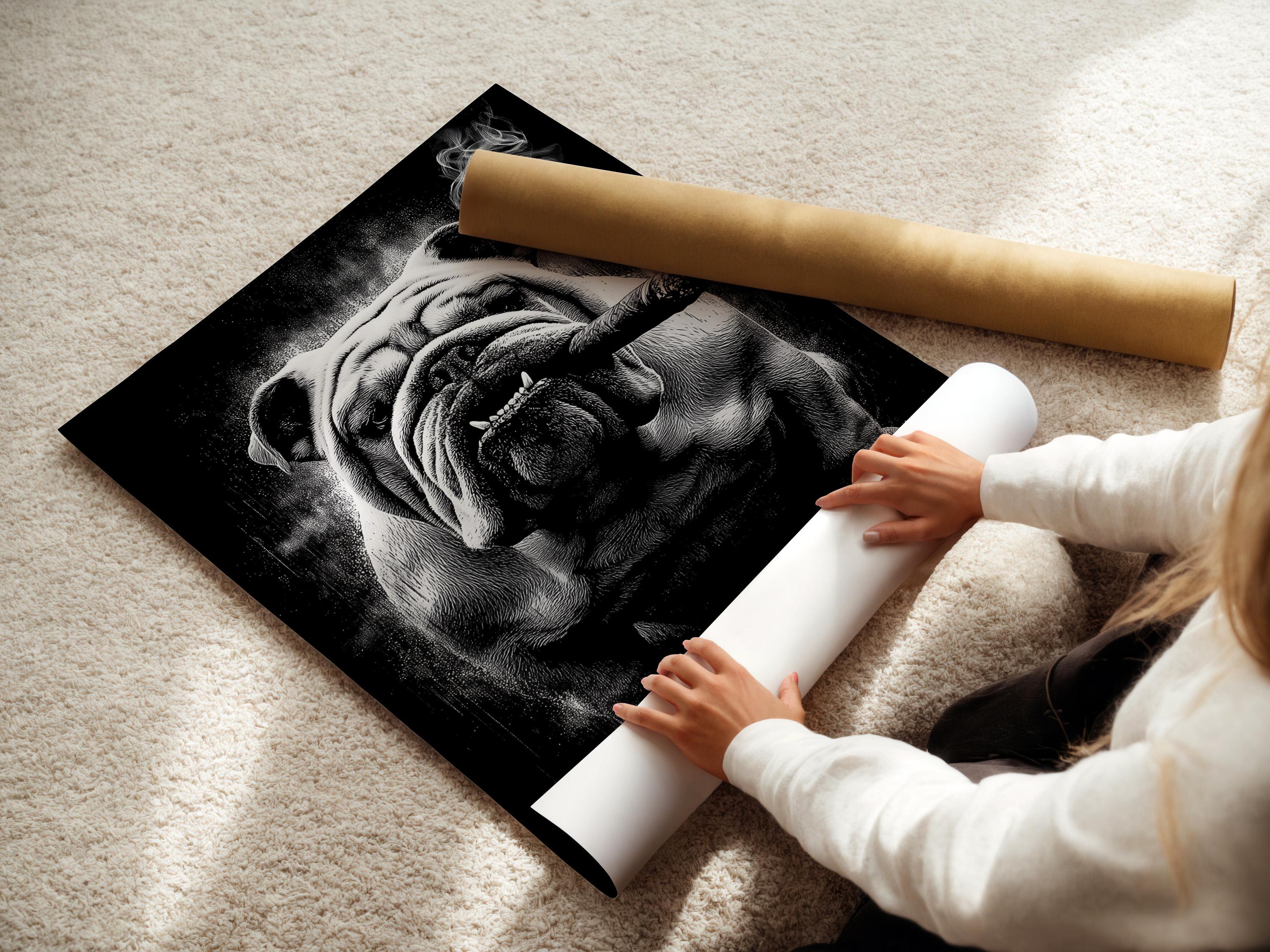 Monochrome bulldog portrait with a cigar and swirling smoke against a dark background detail view