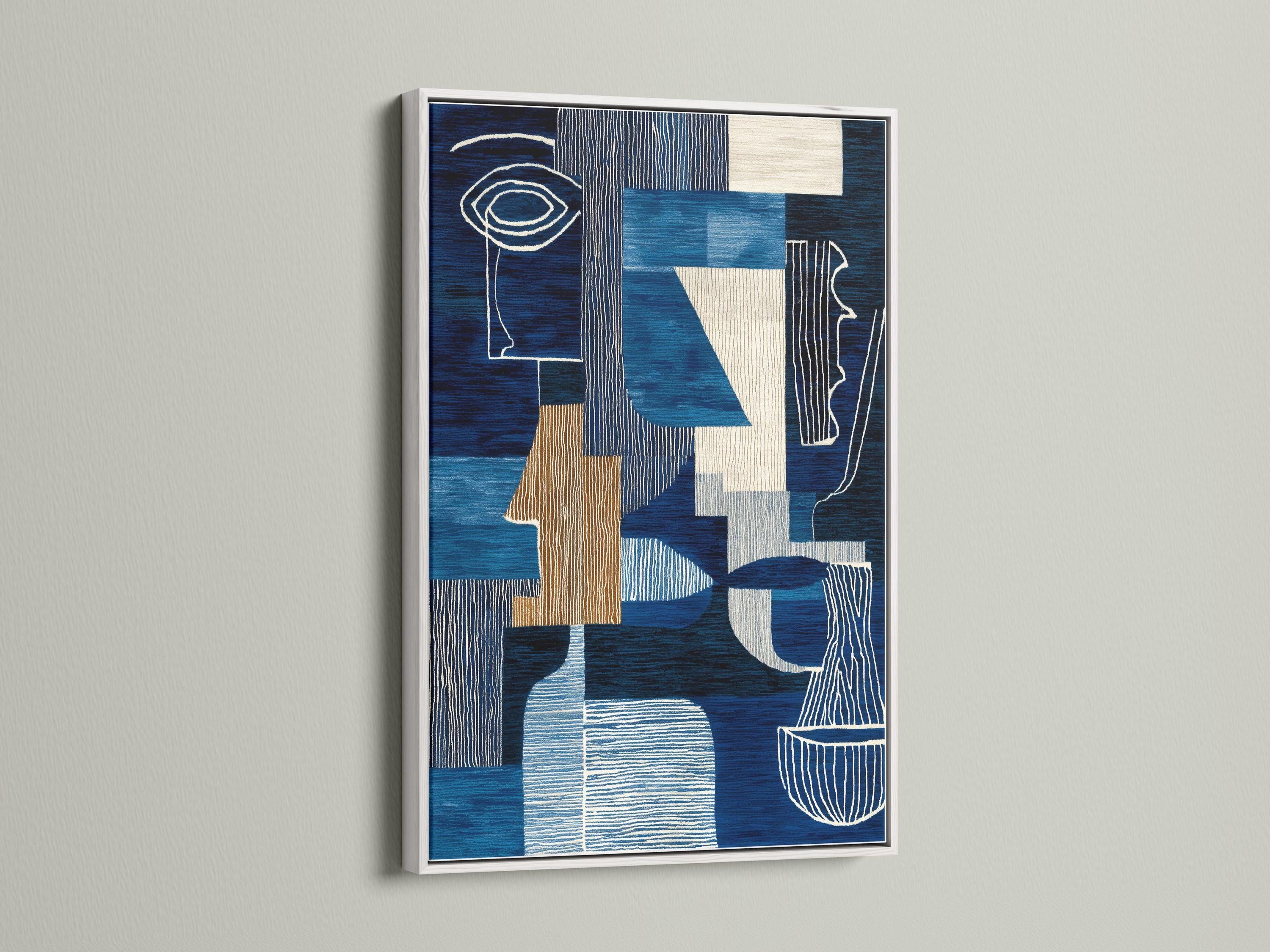 Woman holding a cup in a cafe-like space with a framed blue abstract face artwork on the wall