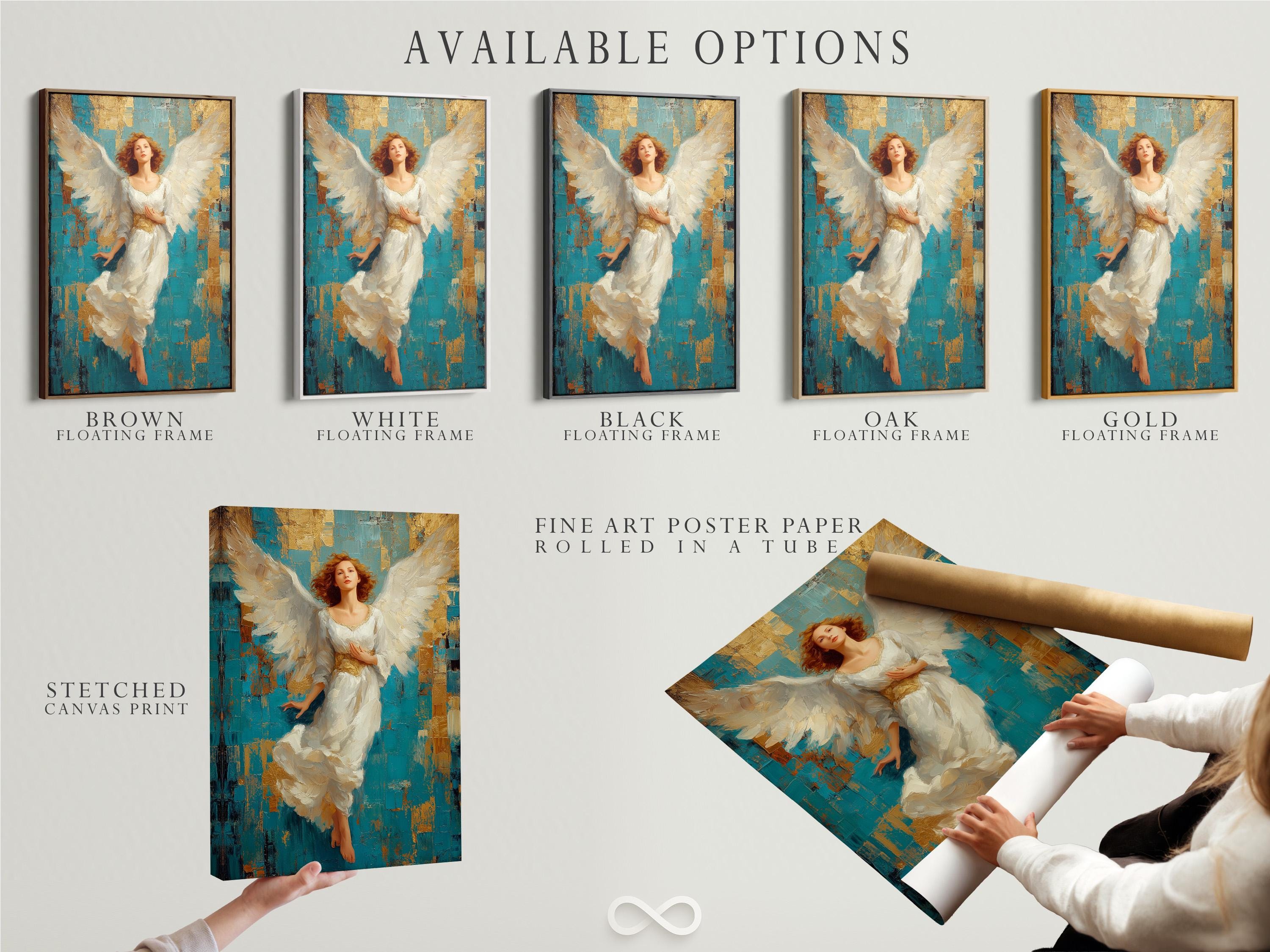Winged angel portrait with flowing white robes against a teal and gold textured background detail view