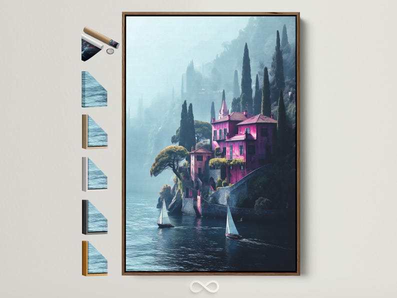 Pink villa lakeside landscape with tall cypress trees and sailboats on blue water