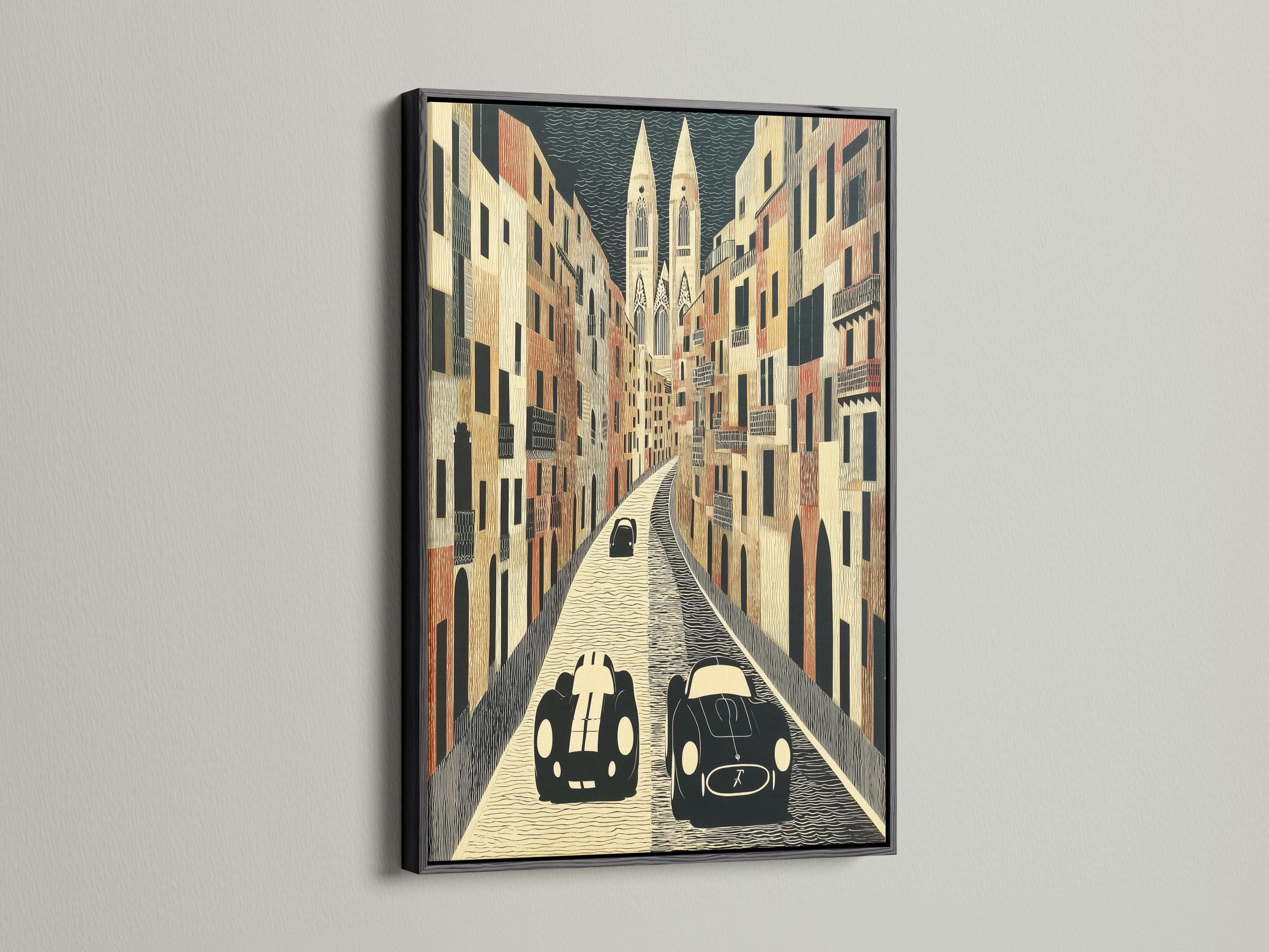 Retro cars on a textured city street with tall buildings and a patterned sky detail view